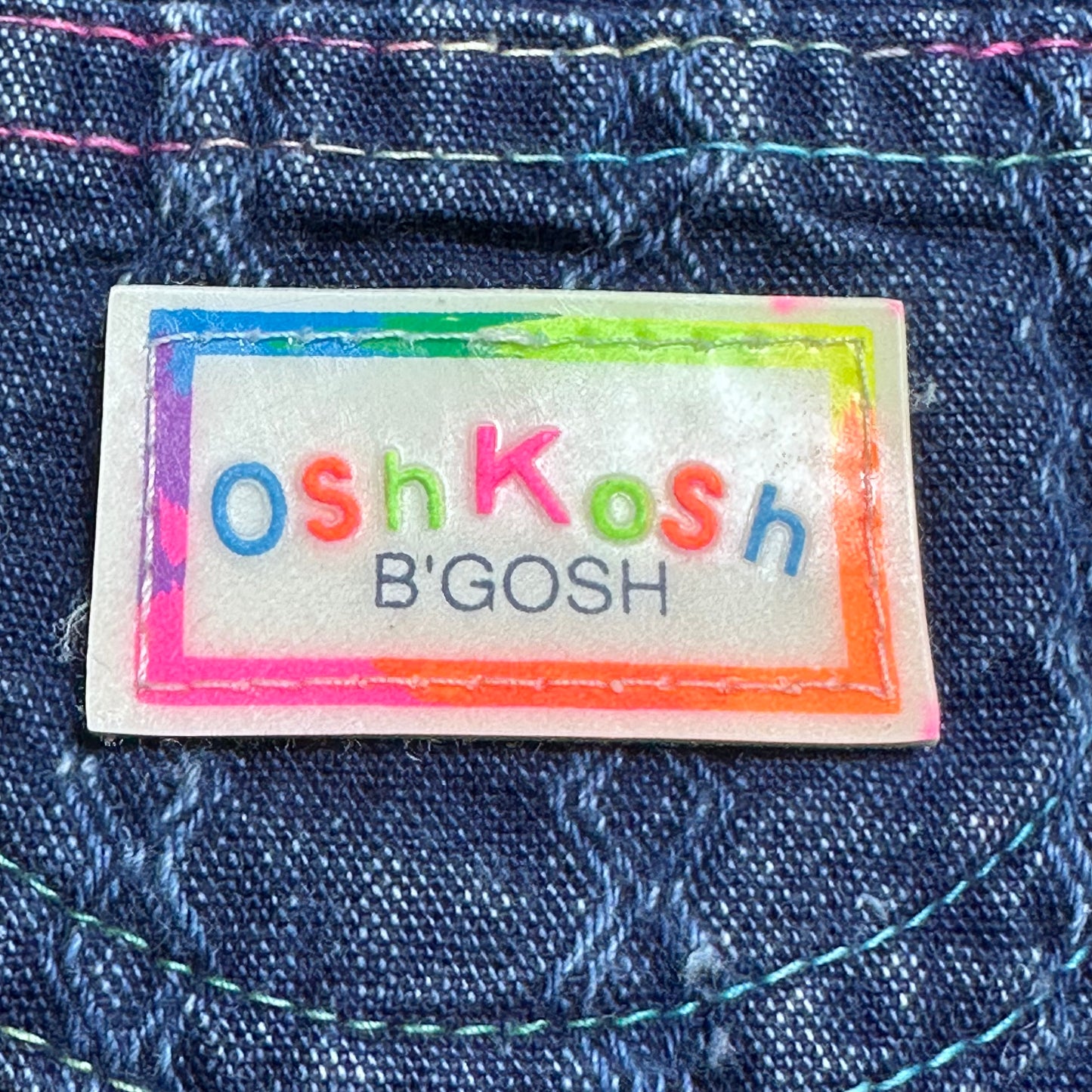 1980s/90s OshKosh Overalls, Size 12M, Stripe Denim with Neon Buttons, Dolls and Hearts Lining
