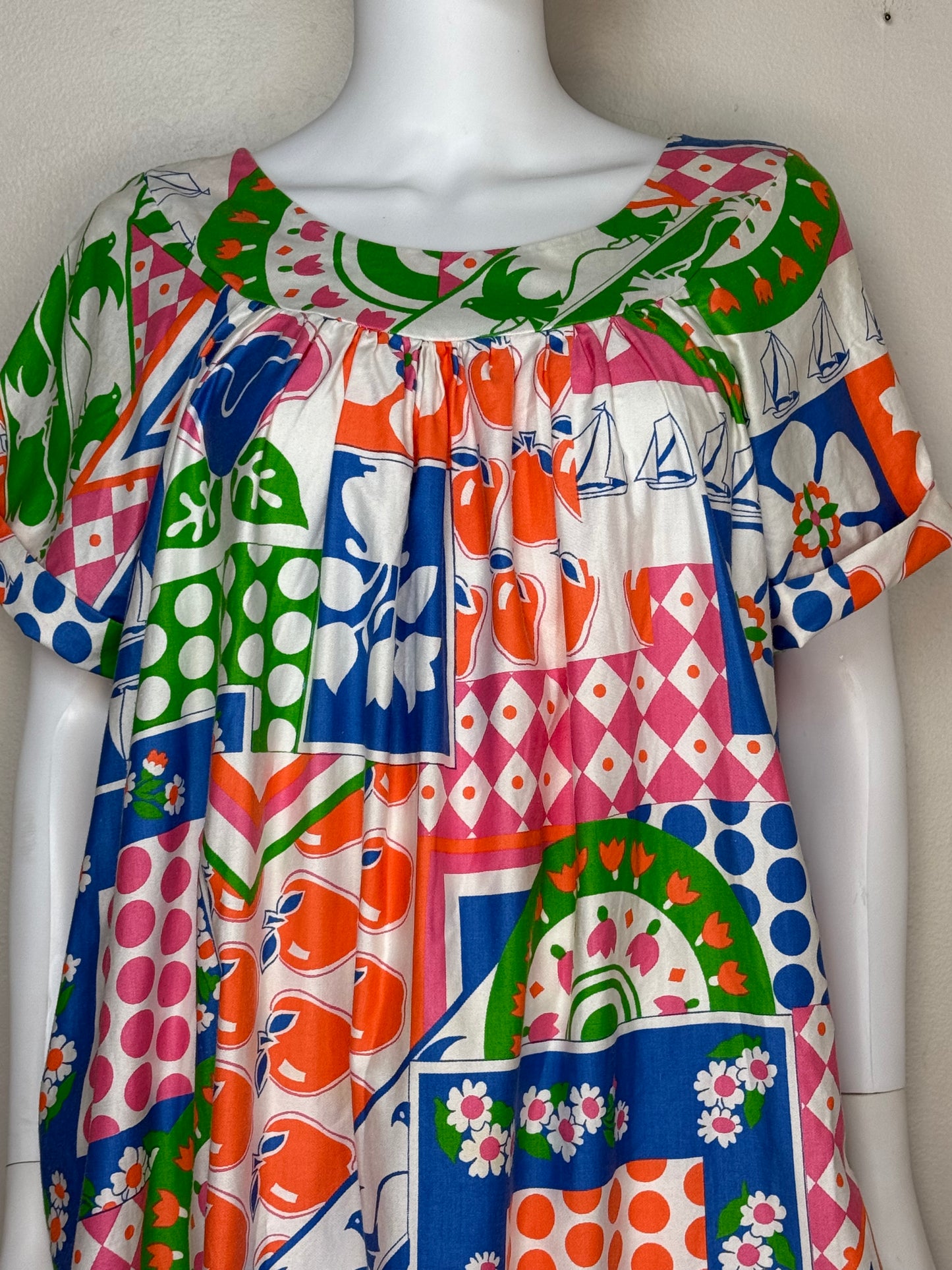 1970s Novelty Patchwork Print Muumuu Maxi Dress, The Great Entertainers Sears Size Medium, Loungewear