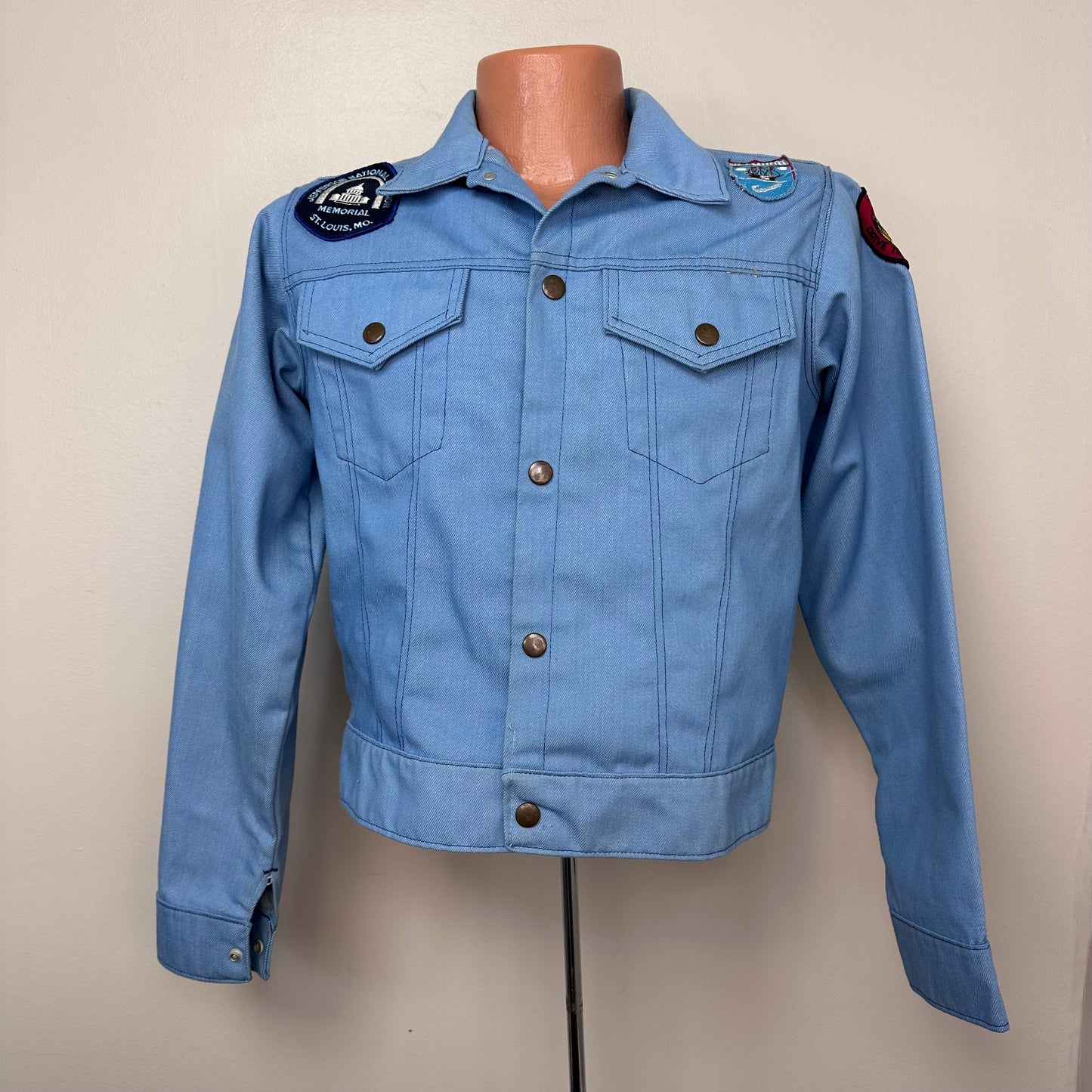 1970s Light Blue Denim Jacket with lots of added Patches, Youth XL/Adult S