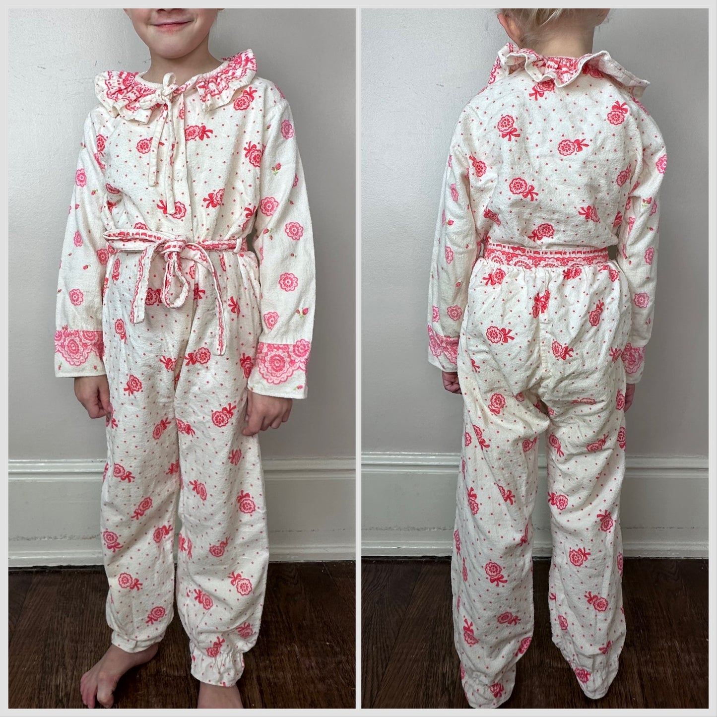 1950s Pink Floral Polka Dot Flannel Pajamas, Size 5