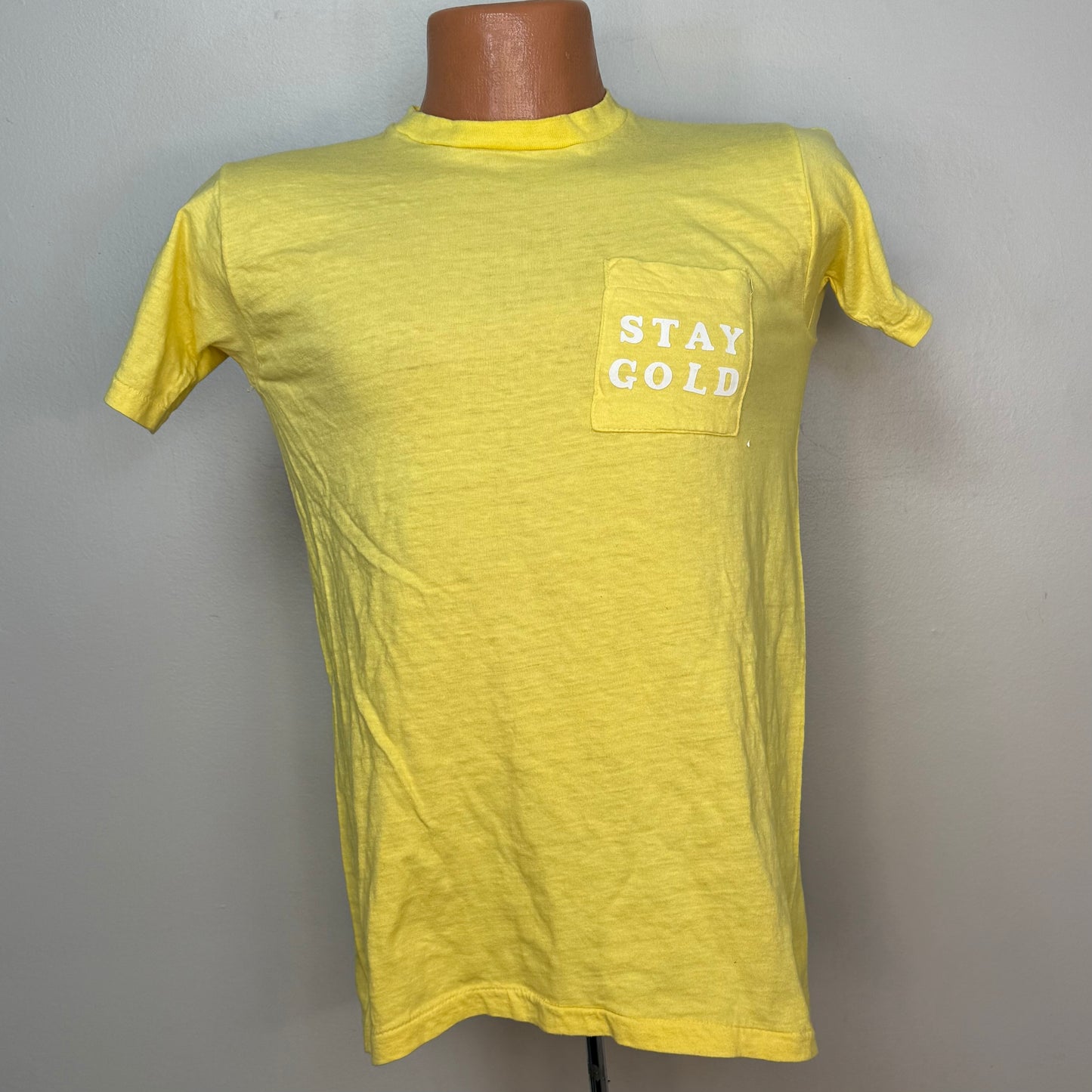 1970s Stay Gold Yellow T-Shirt, Fruit of the Loom Pocket Tee Size Small