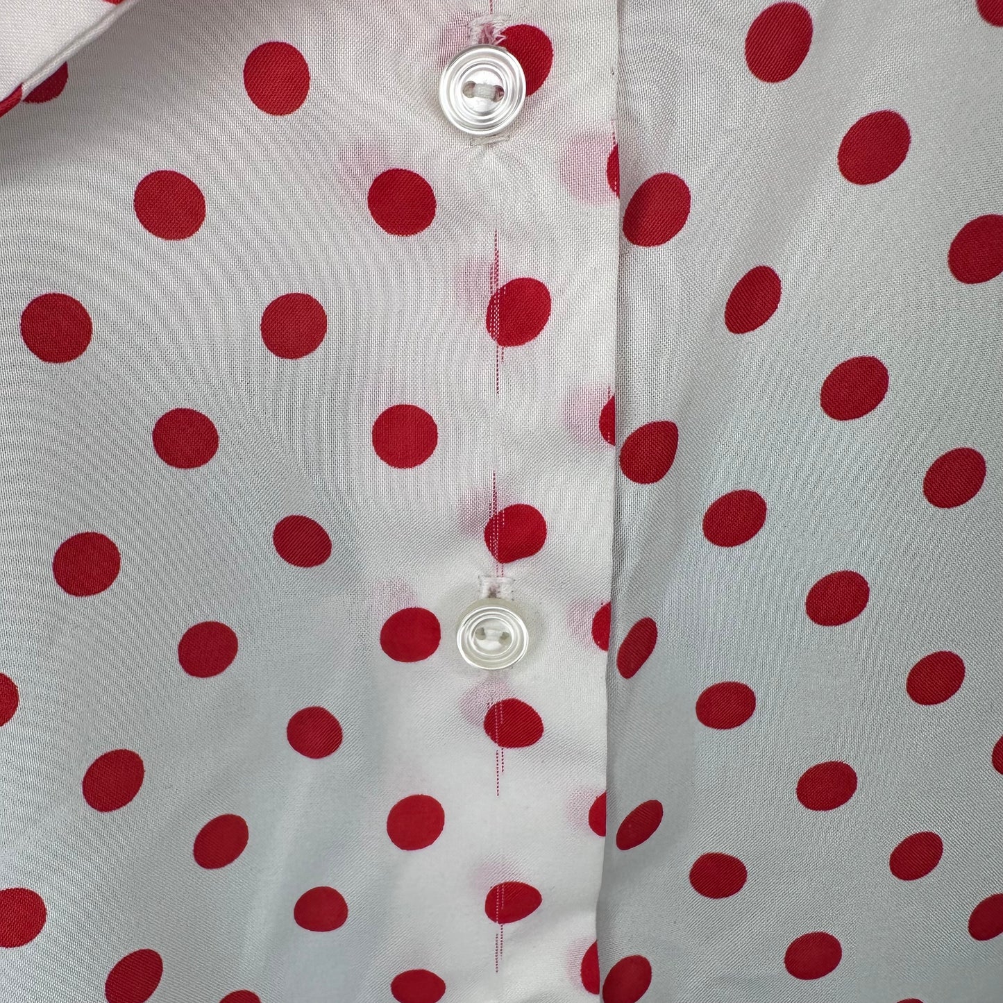 1970s White and Red Polka Dot Sleeveless Bow Neck Blouse, Judy Bond Size Medium
