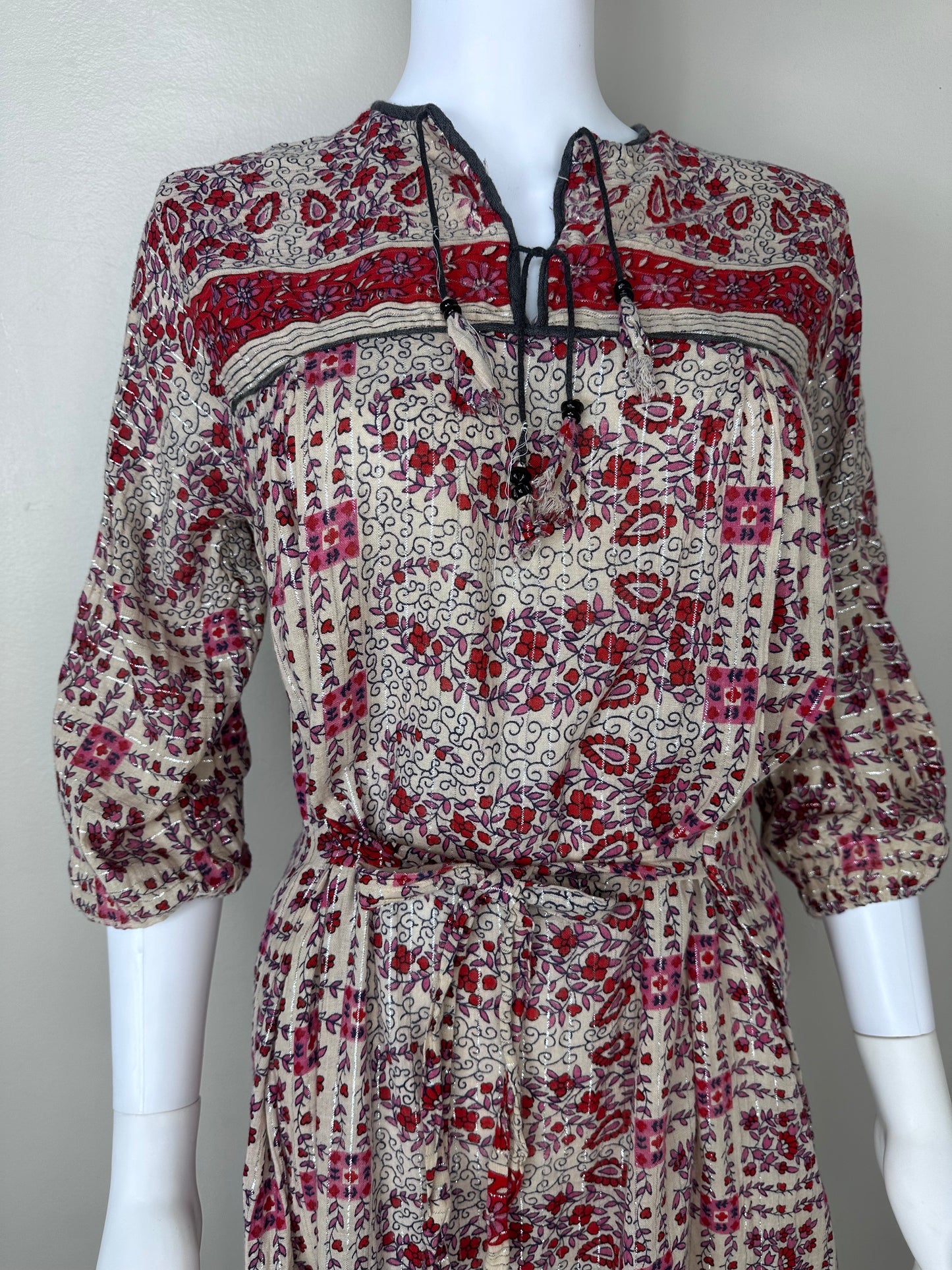1970s/80s Pakistani Cotton Dress with Metallic Thread, Size Medium
