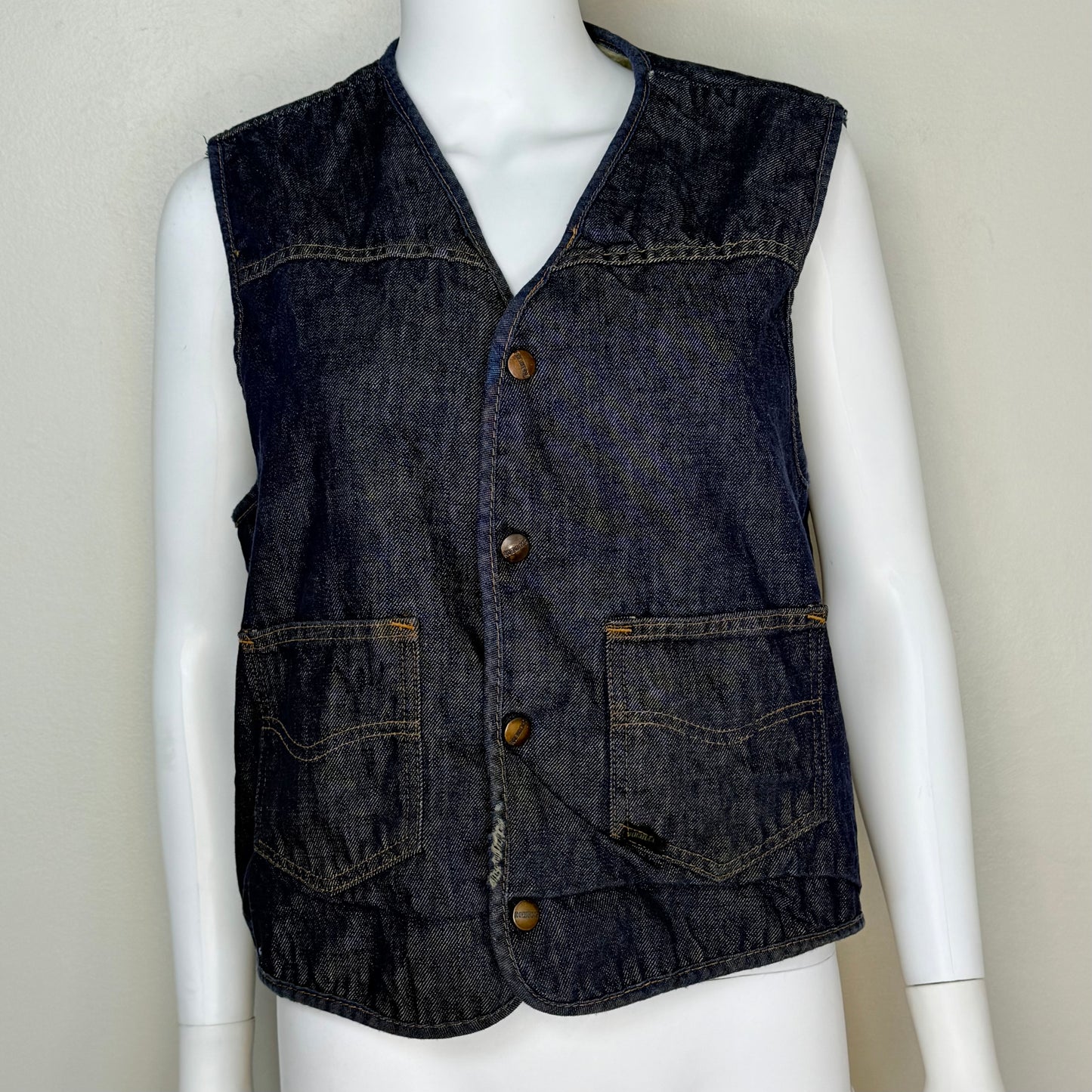 1970s Denim Vest, Faux Sherpa Lined, Roebucks Size Medium