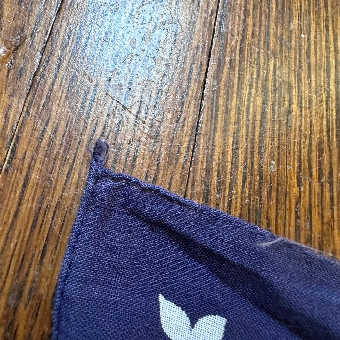 1950s/60s Indigo Bandana, RN 13960, 21.75" x 20.75", Blue Floral Butterflies Hearts Bows, Selvage Edge