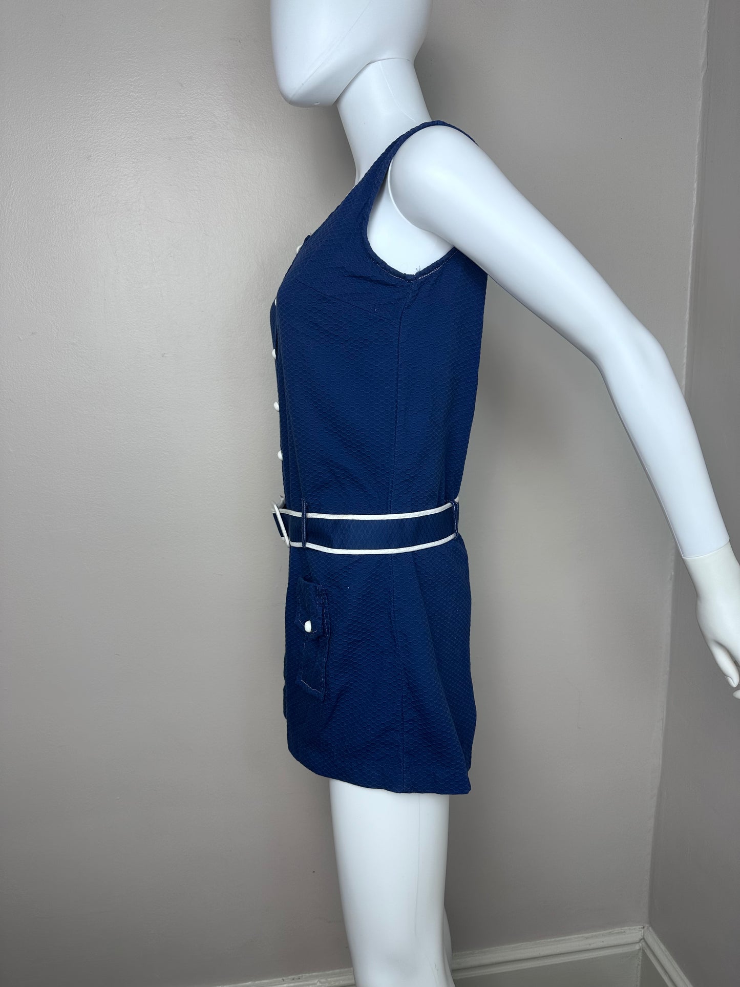 1970s Navy Blue Mod Romper, Size Small, Sleeveless, Drop Waist