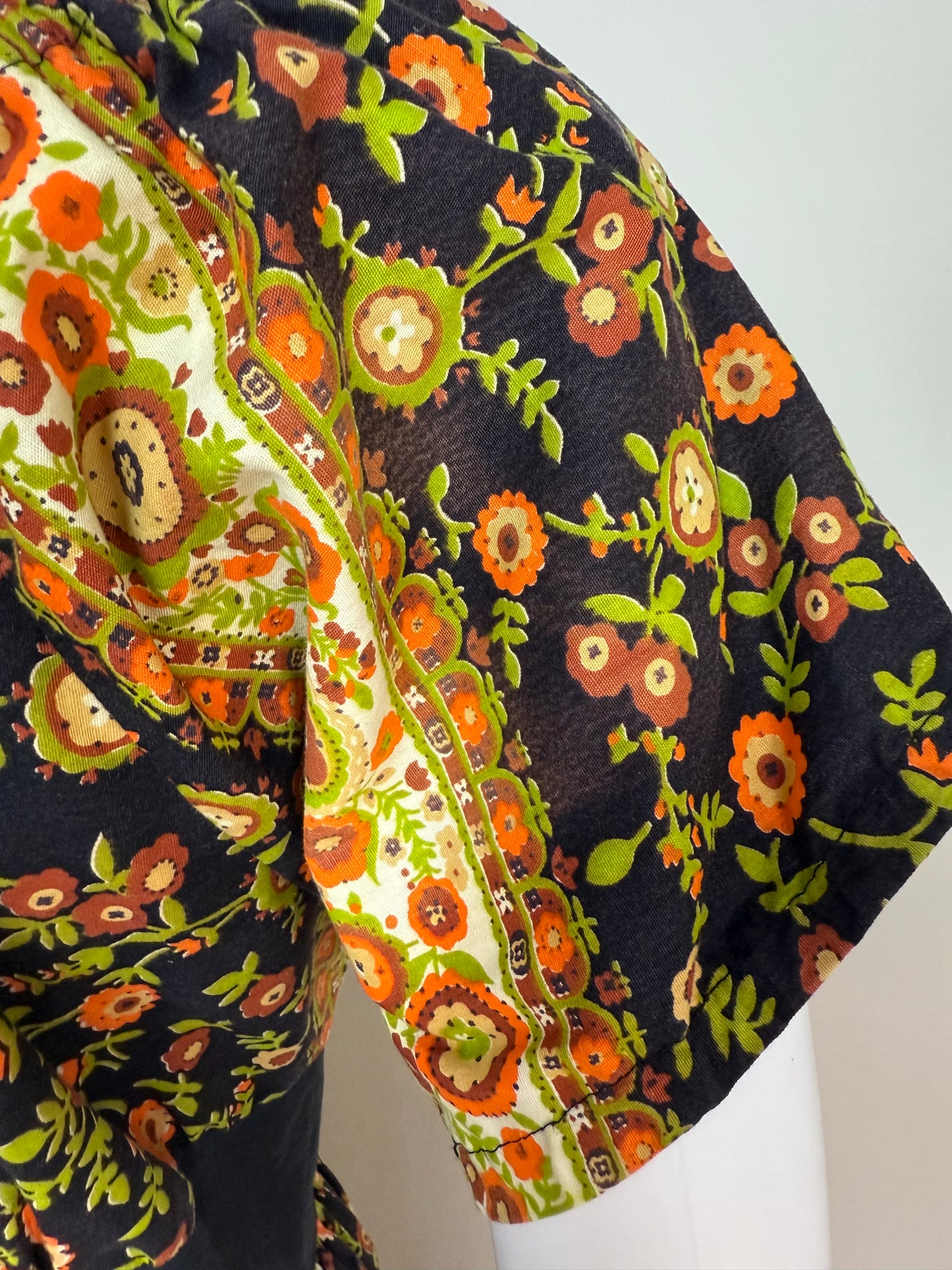 1960s Black and Orange Floral Peasant Dress with Corset Waist, Carol Brent Size Small-Medium, Montgomery Ward