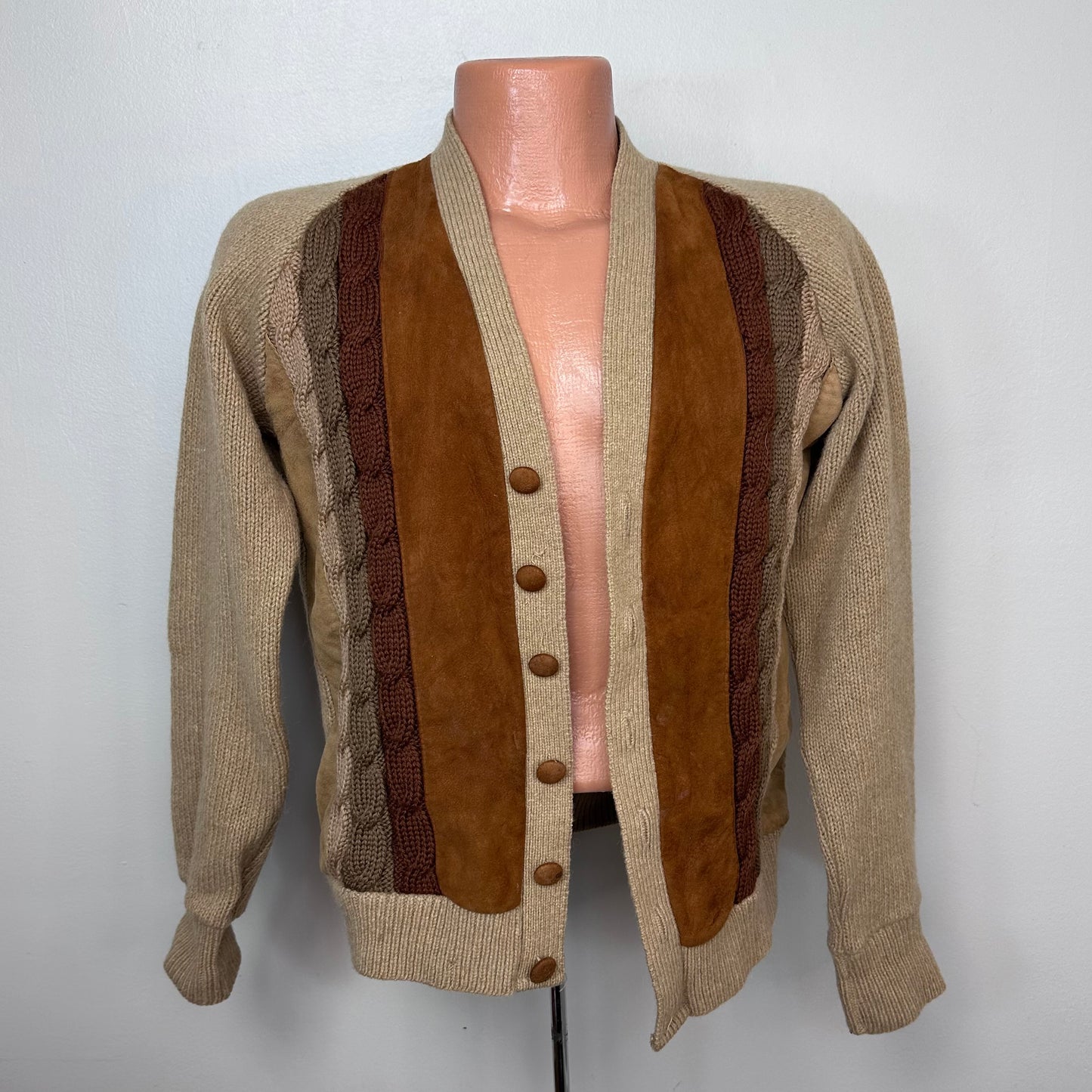 1960s Men’s Tan Wool and Brown Suede Cardigan Sweater, Gloray Knitting Mills Size Medium