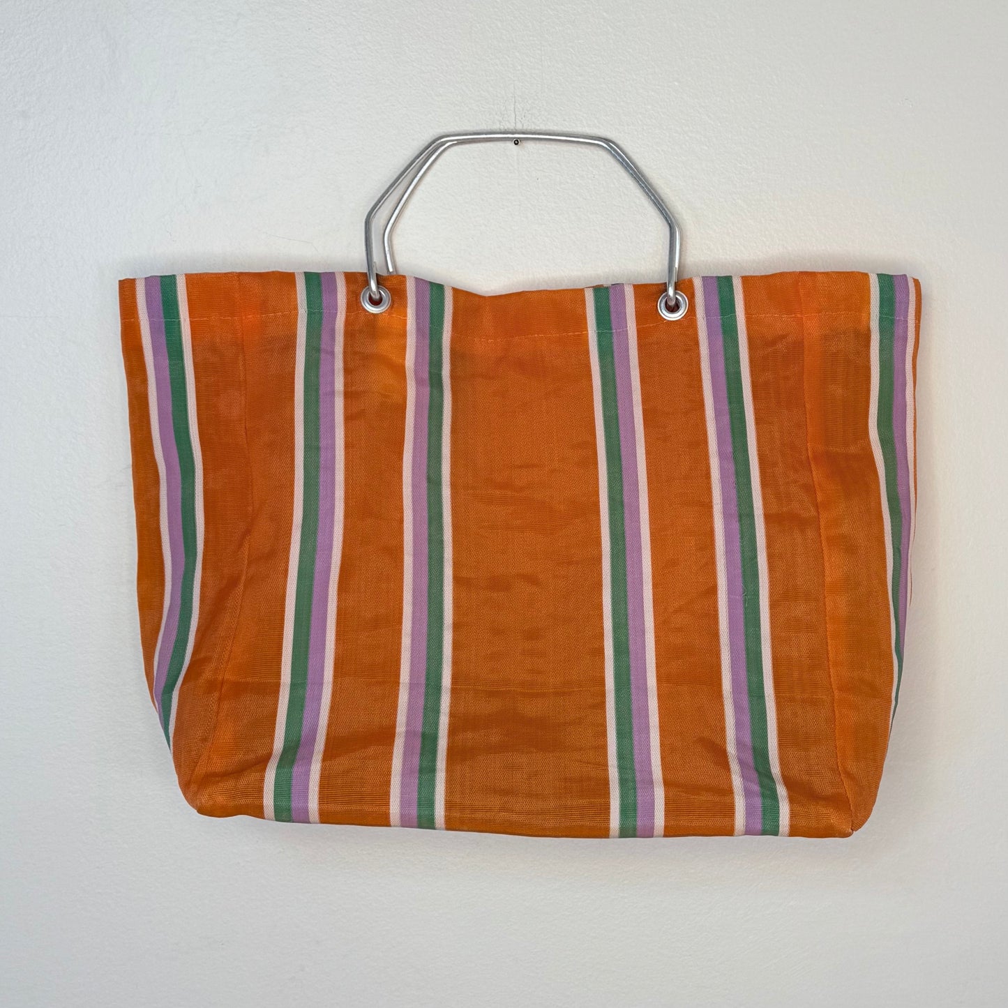 1970s Orange Stripe Large Shopping Tote Bag, KGA Spain, Woven Polyethylene with Metal Handles