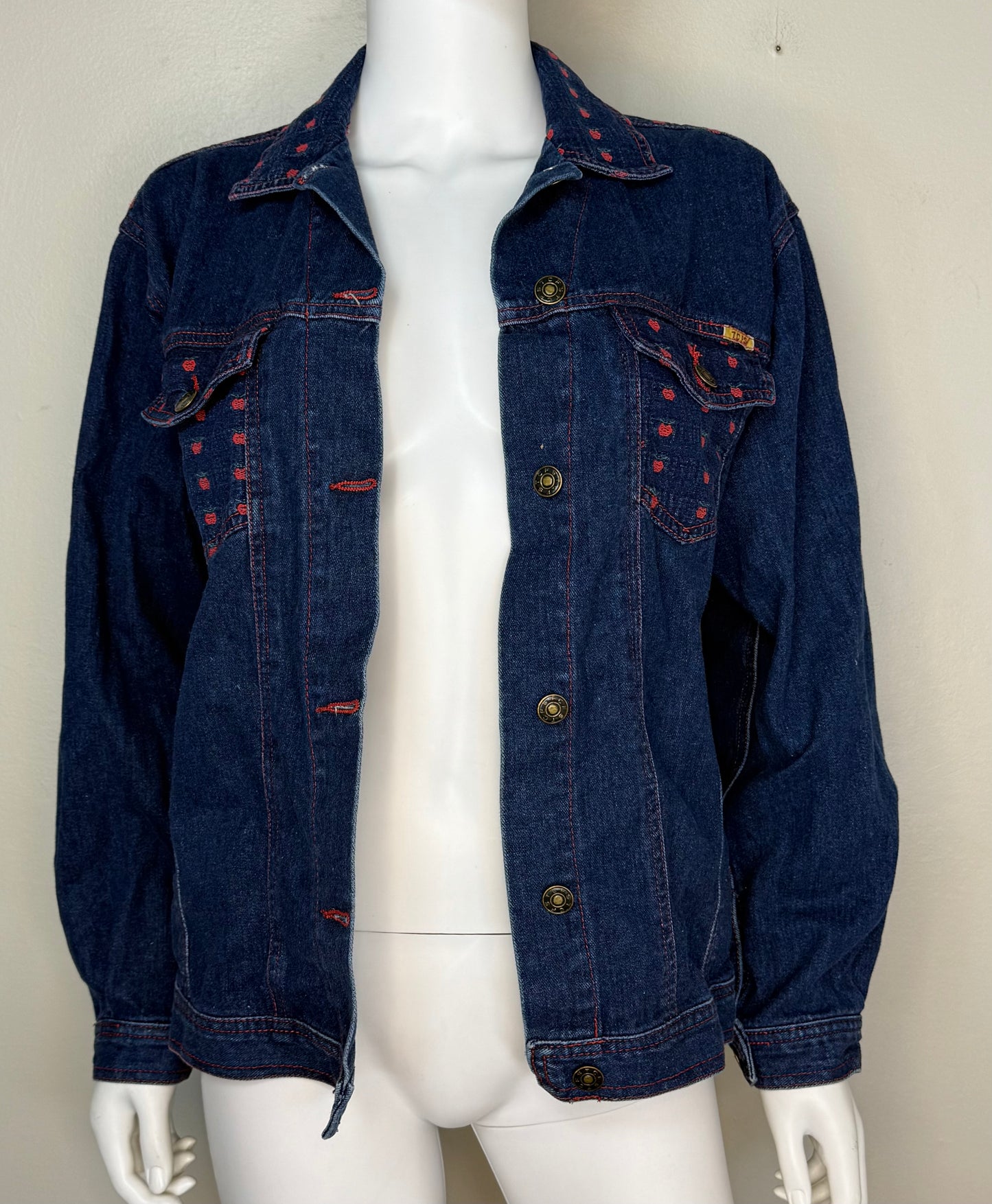 1990s Denim Jacket with Apples, T.C.F.S. Size Medium, Teacher Style
