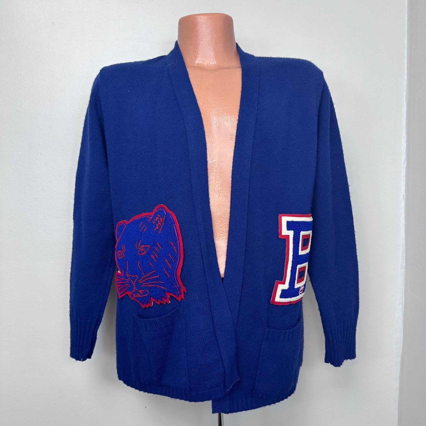 1970s Blue Cardigan with Bartlett Panthers Varsity Patches, Sears Size XL