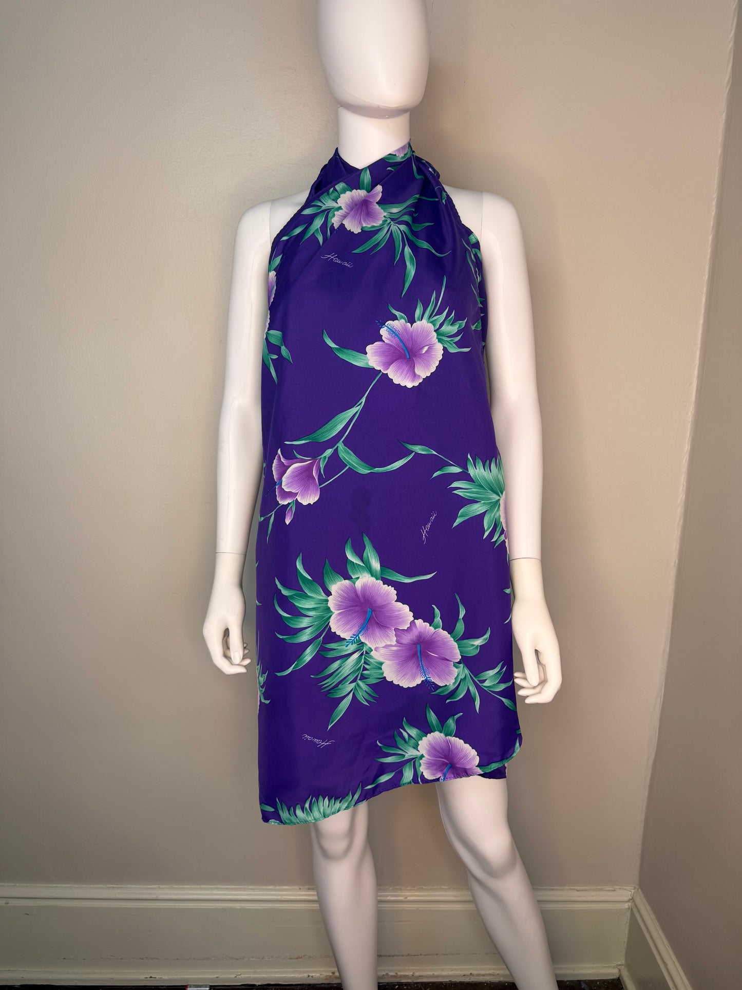1980s Hawaiian Halter Wrap Dress, Sarong Skirt, Helena’s Hawaii, Tropical Purple Floral