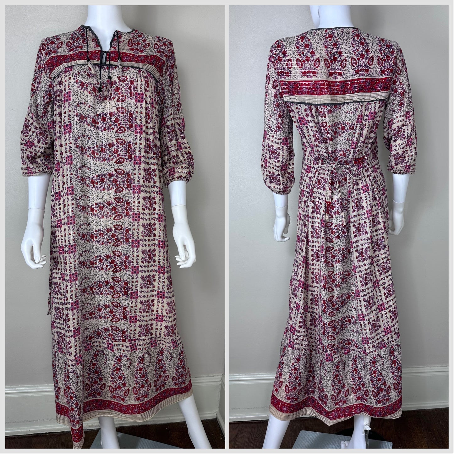 1970s/80s Pakistani Cotton Dress with Metallic Thread, Size Medium