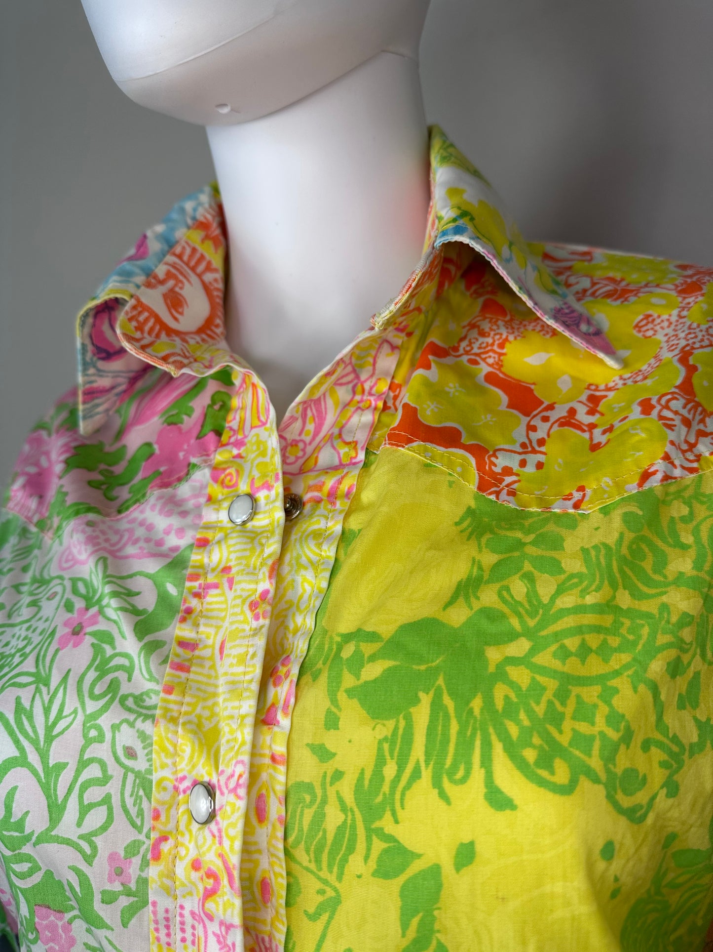 1970s Handmade Mixed Print Western Shirt, Size Medium, Vintage Lilly Pulitzer Fabric