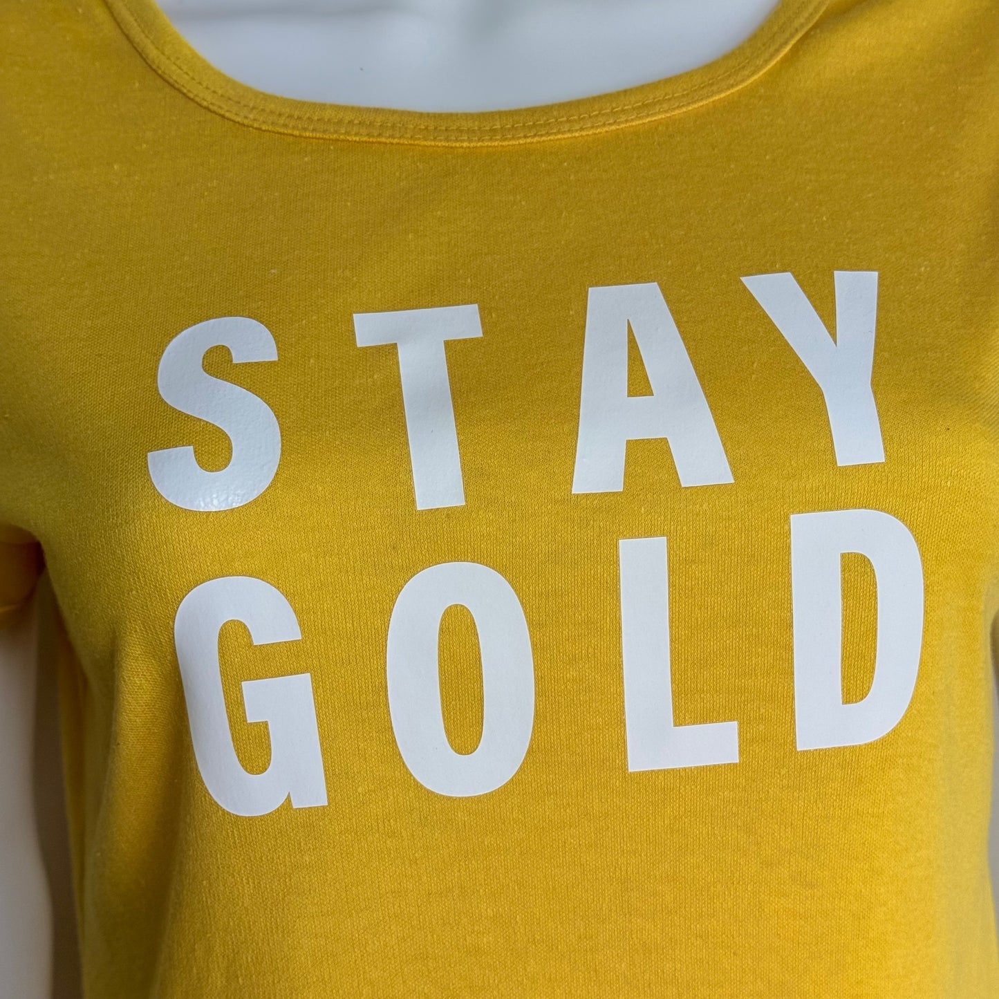 1970s Stay Gold Yellow T-Shirt, Sears, Femme French Cut Ringer Tee