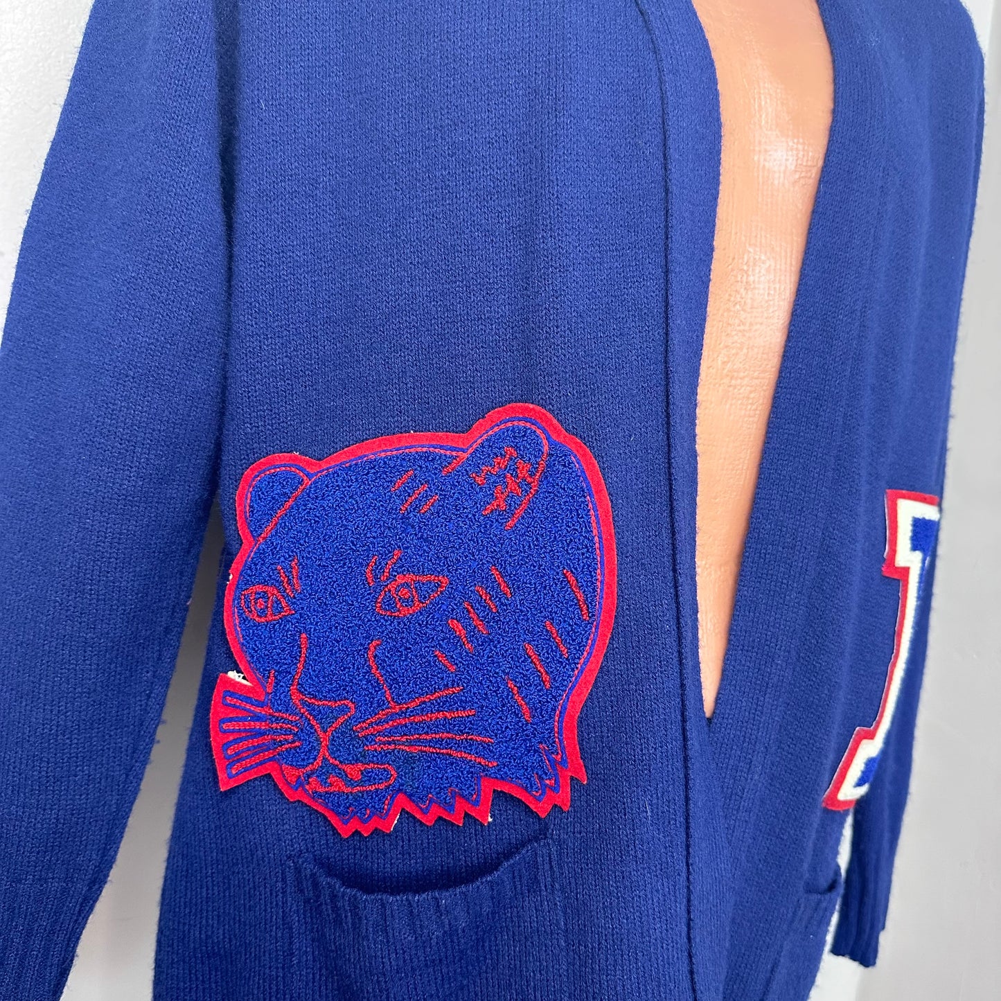 1970s Blue Cardigan with Bartlett Panthers Varsity Patches, Sears Size XL