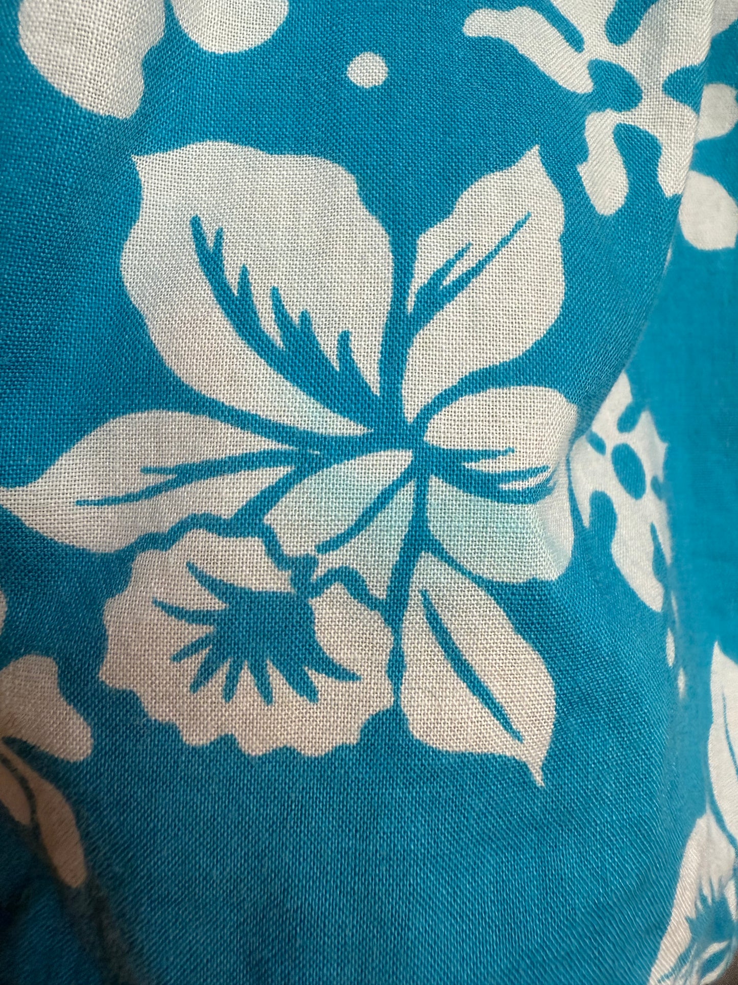 1970s Blue Floral Hawaiian Maxi Dress with Eyelet Trim, Size Medium