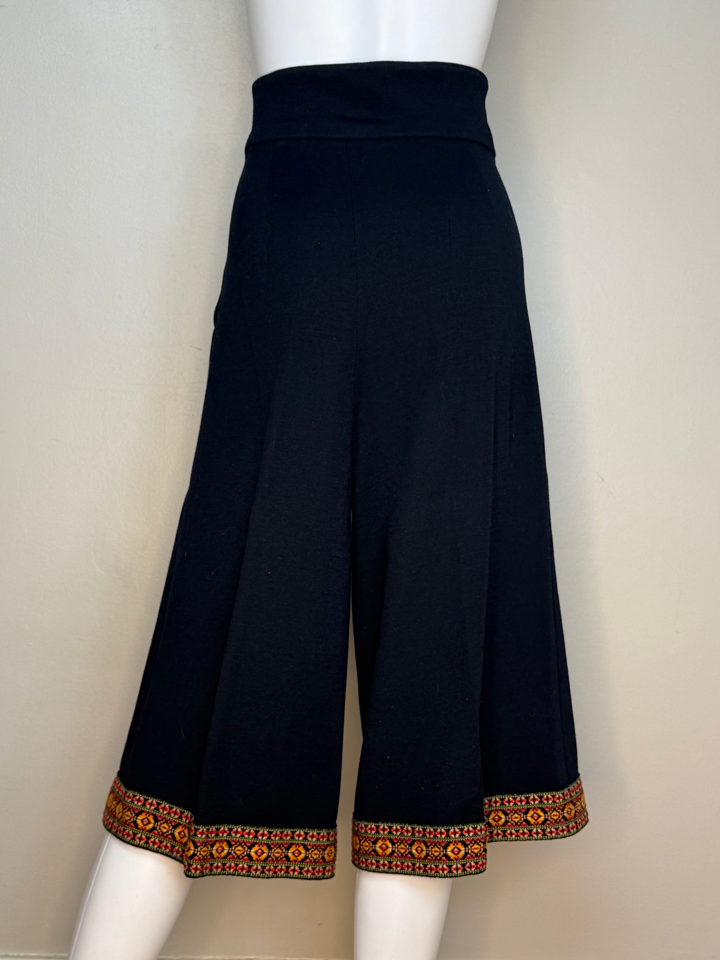 1970s Black Gaucho Pants and Vest Set, Handmade Size M/L, Double Knit