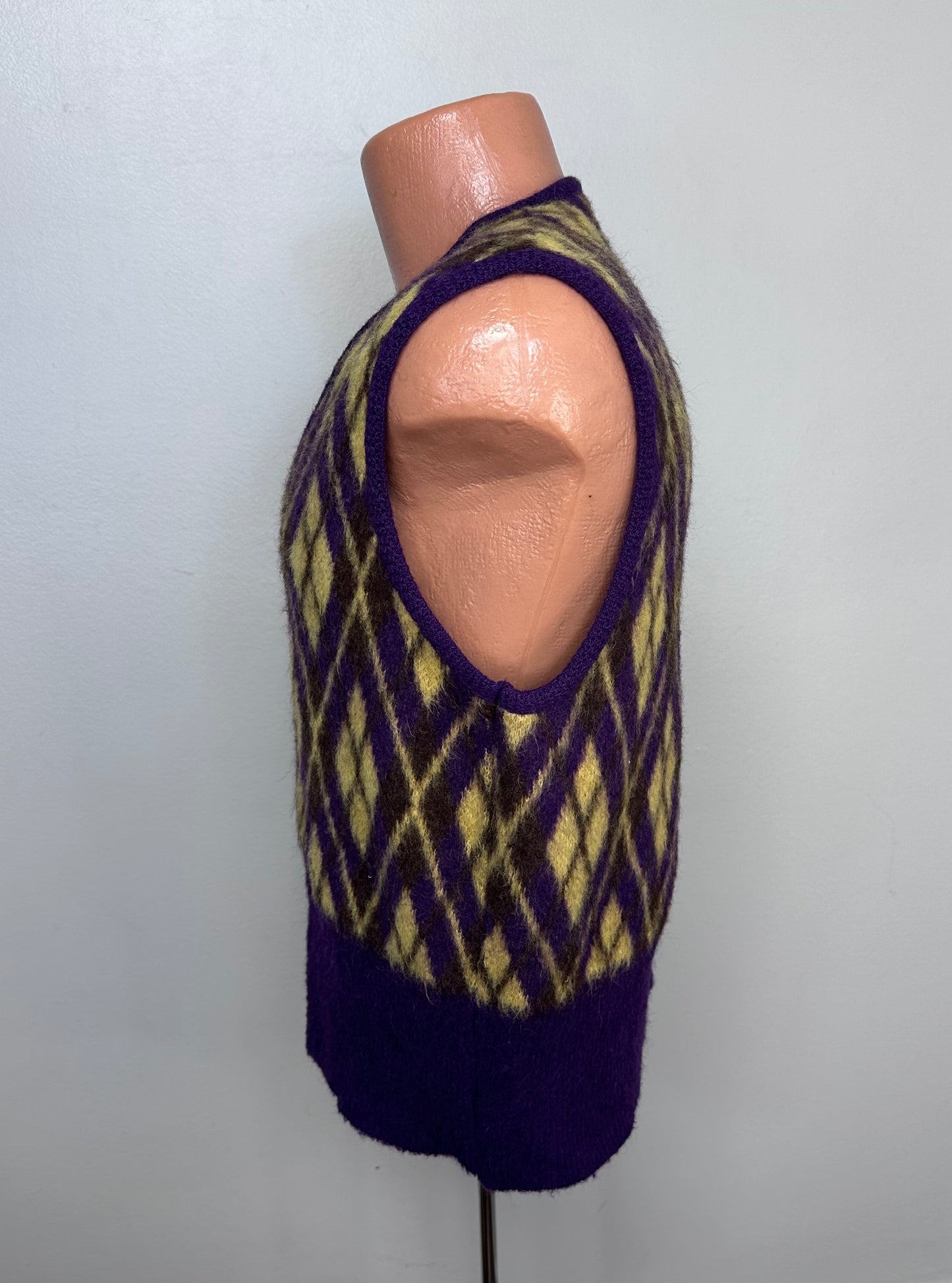 1970s Purple and Yellow Argyle Mohair Sweater Vest, Catalina Martin Size Medium