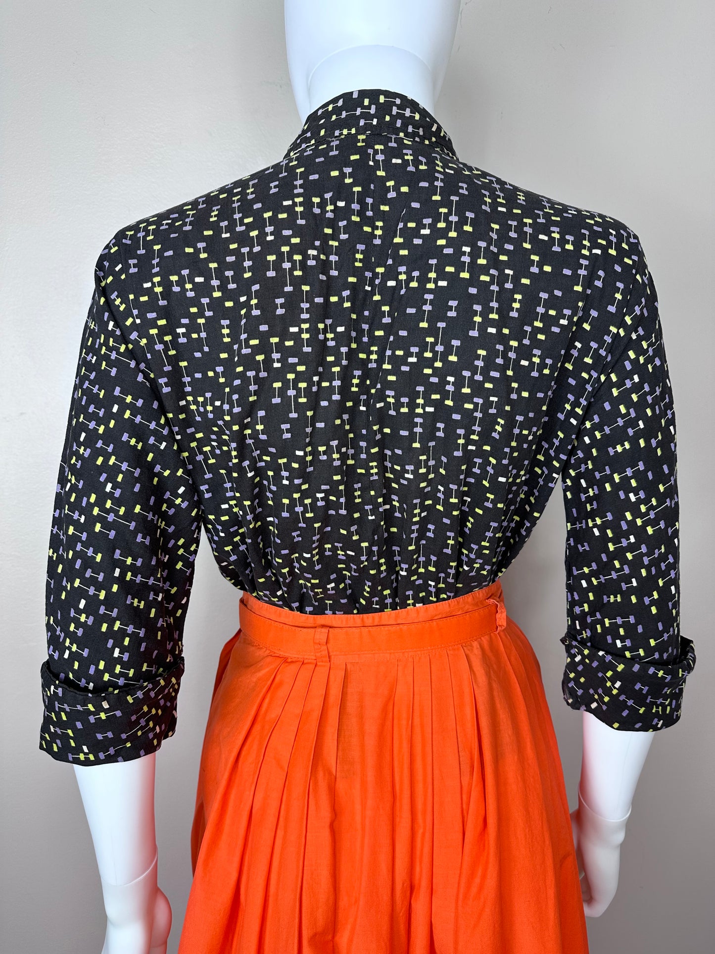 1950s Black Atomic Print Blouse, Size Medium