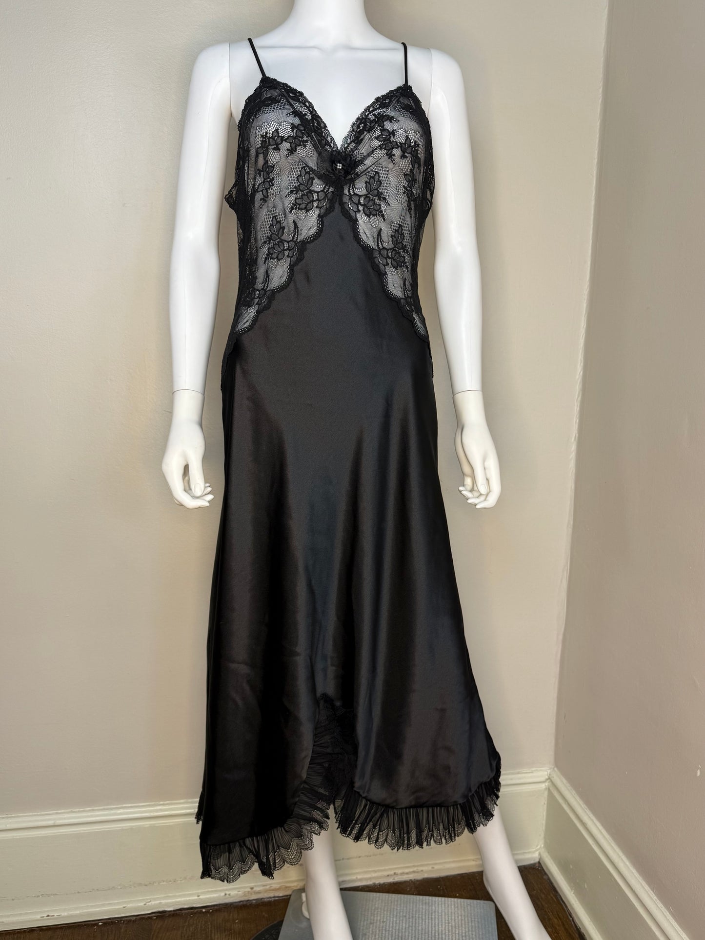 1980s Christian Dior Lingerie Peignoir Set, Nightgown and Robe, Black Satin and Lace, Size Medium