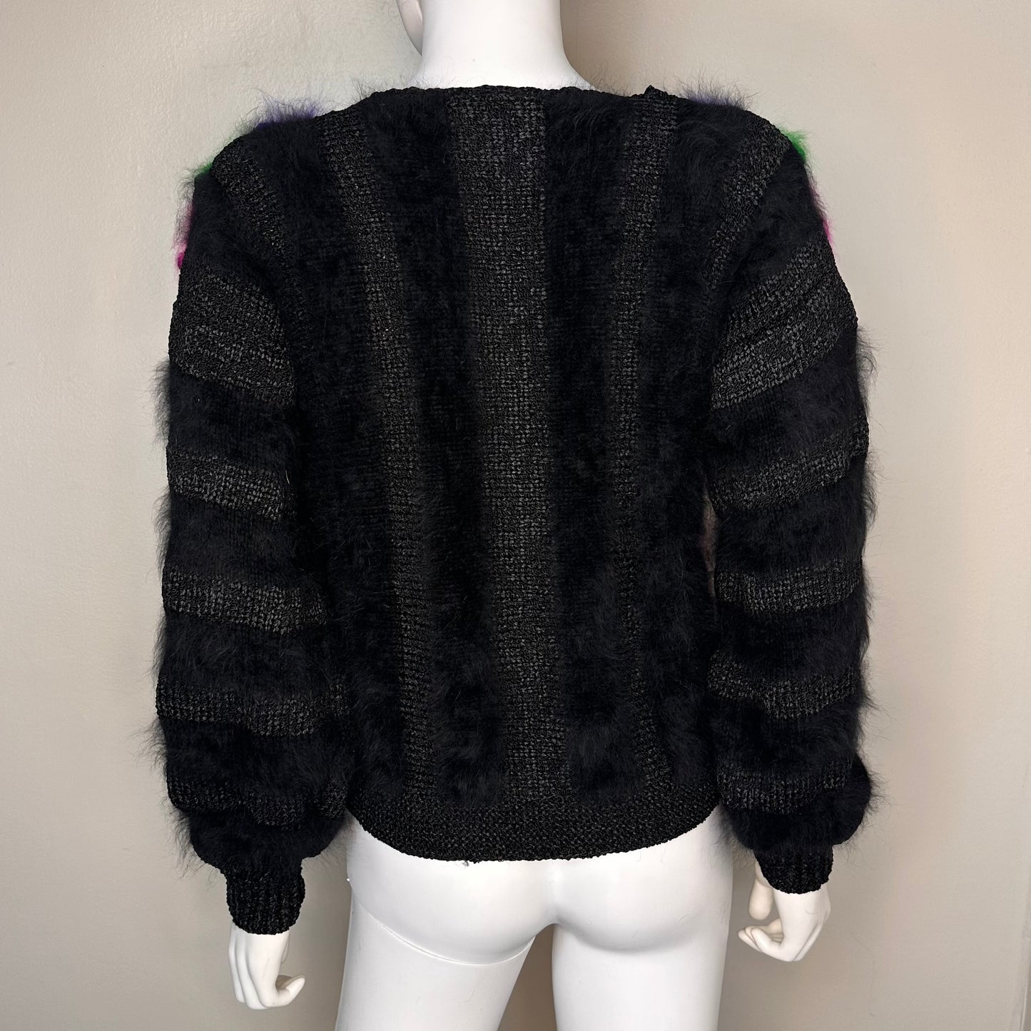 1980s Neon and Black Angora Stripe Sweater, Hand Knit One of a Kind, Size Small-Medium