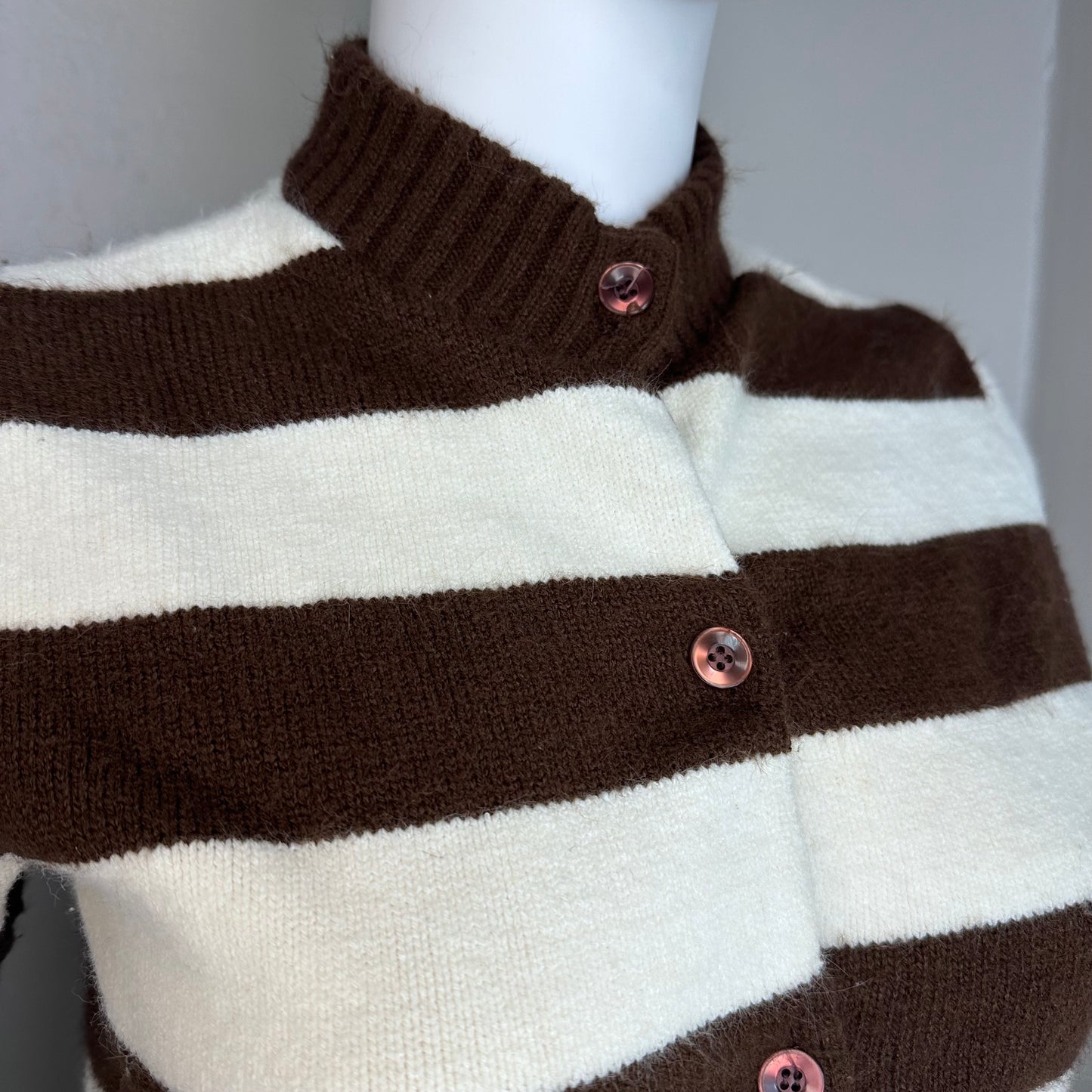 1970s/80s Brown and White Stripe Short Sleeve Cardigan Sweater, Alberoy Size Small