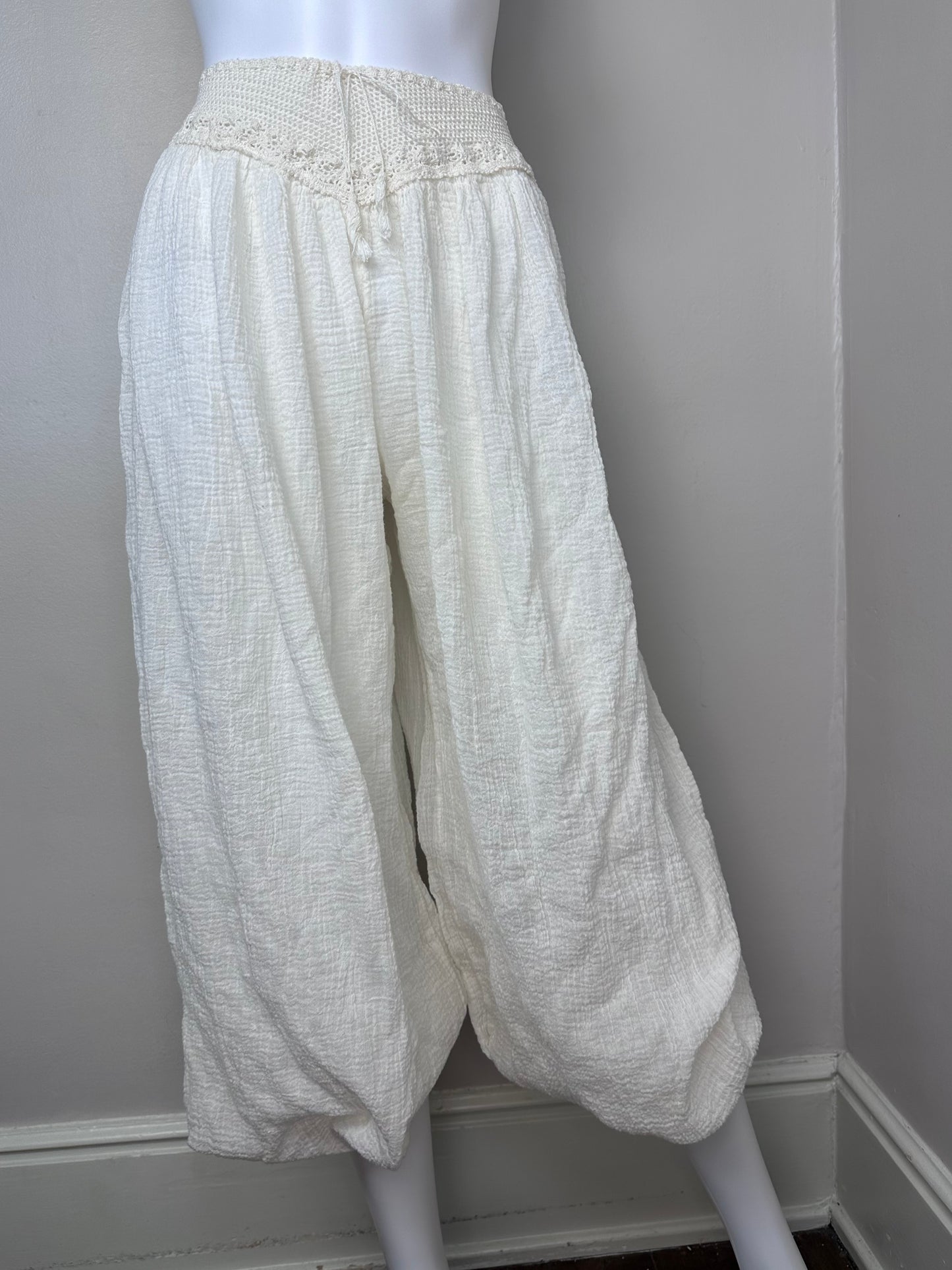 1970s/80s Cream Gauze Crop Top and Balloon Pants Set, Crochet, Size Small-Medium