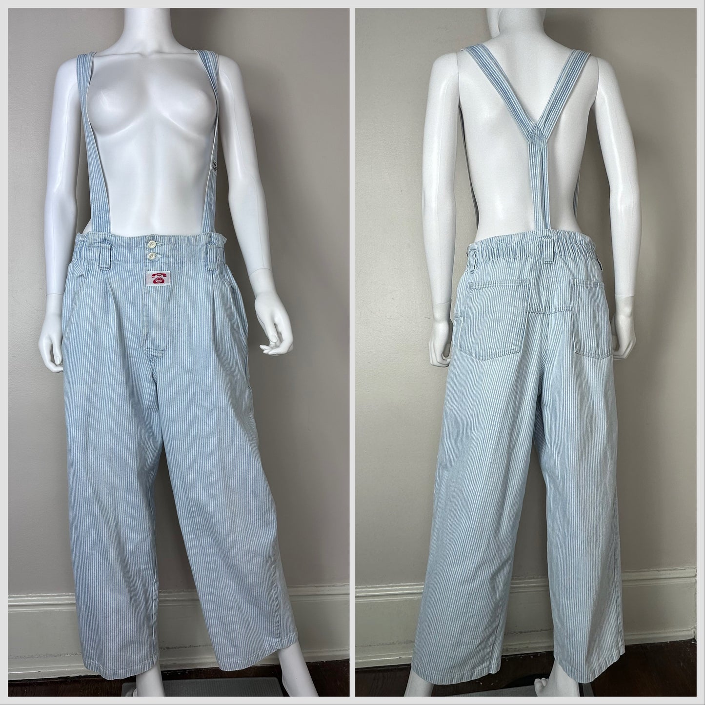 1980s Hickory Stripe Denim Suspender Jeans, Local Heroes Size Medium/Large, 31"x25"