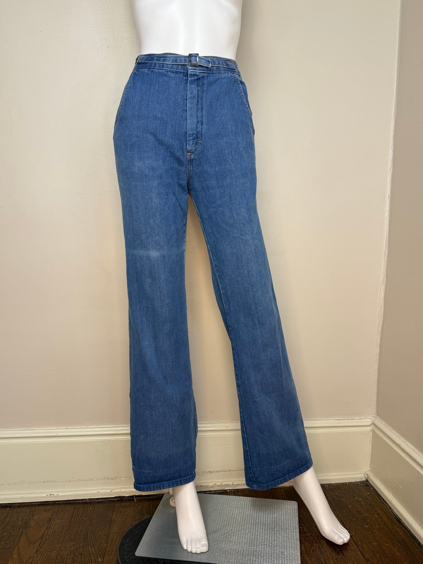 1970s Blue Jeans with Buckle Waist Band, K-Mart, 29"x31.5", High Rise Boot Cut
