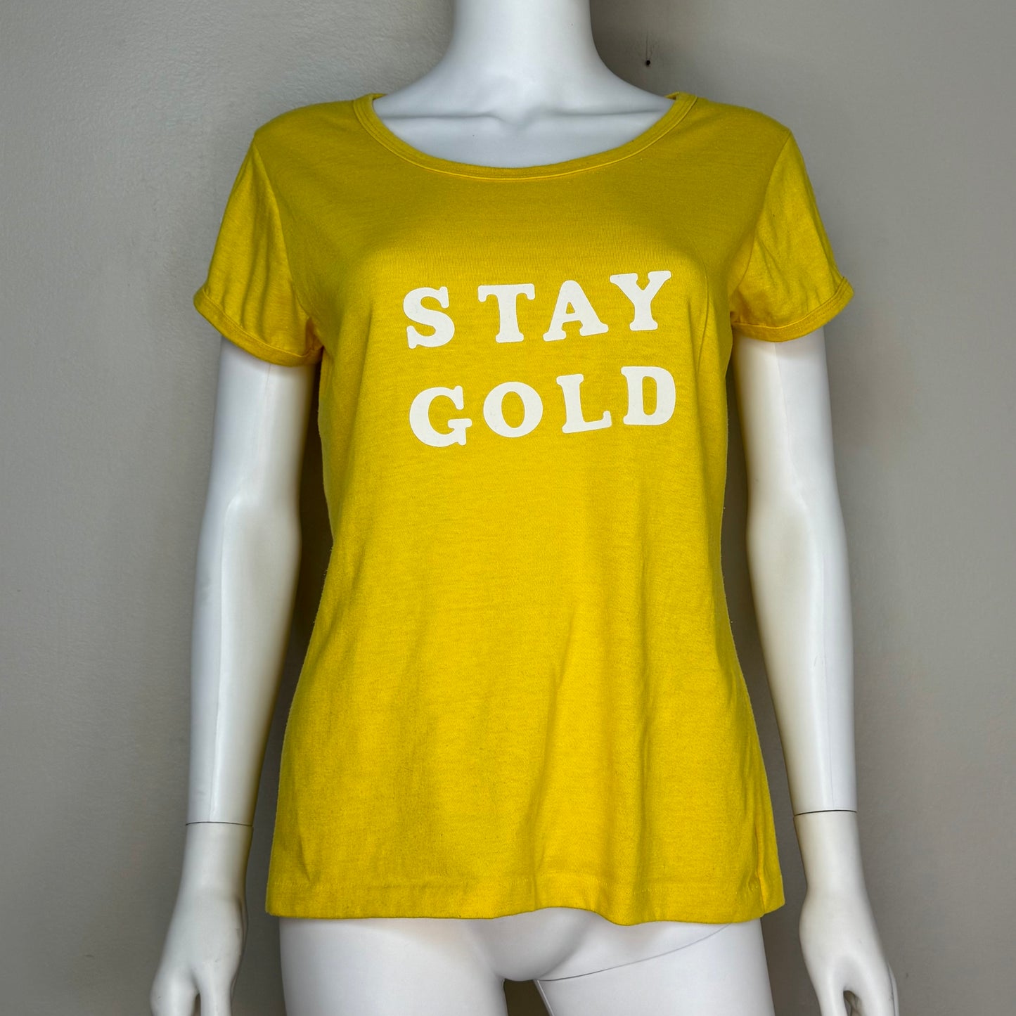 1970s Stay Gold Yellow T-Shirt, Sears Size M/L, Femme French Cut Ringer Tee