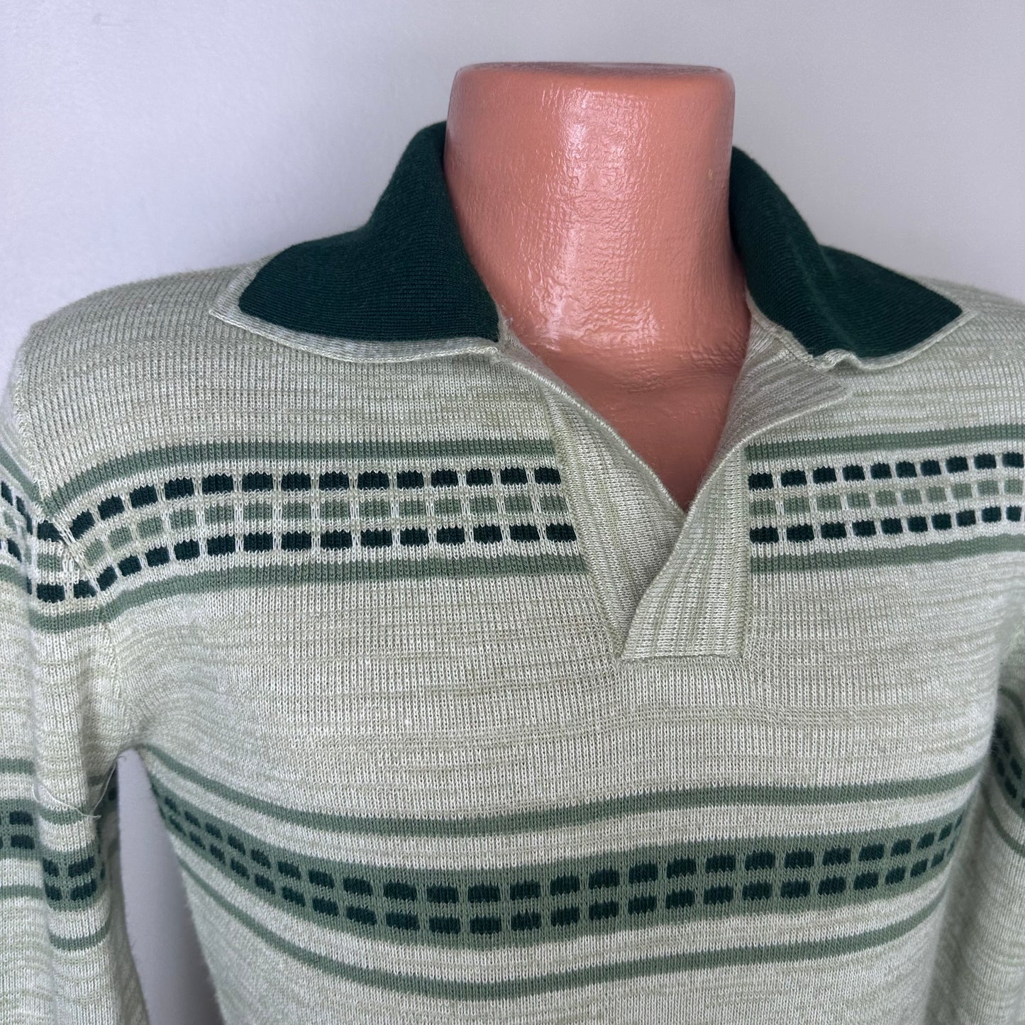 1970s Green Stripe Collared Sweater, Sundowner Size Medium