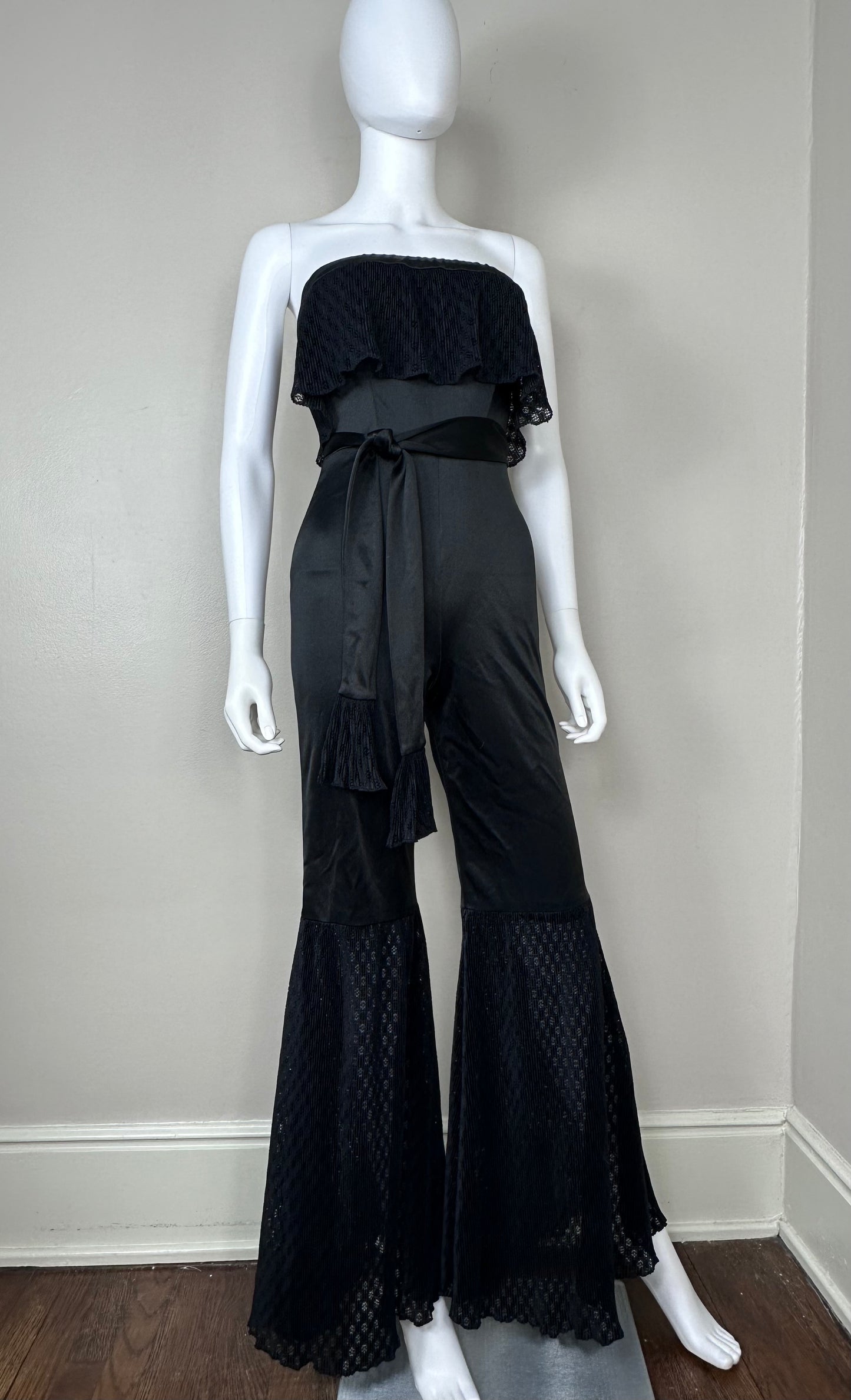 1970s Black Strapless Bell Bottom Jumpsuit, Funky Size XS