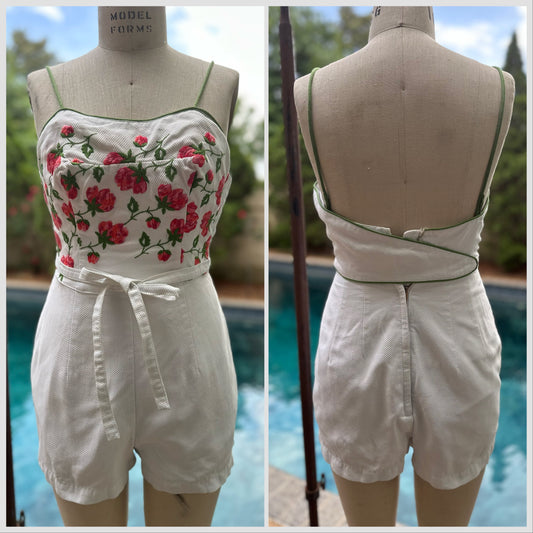 1950s Tina Leser Original by Gabar White Pique Swimsuit Romper, Pink Floral Embroidery