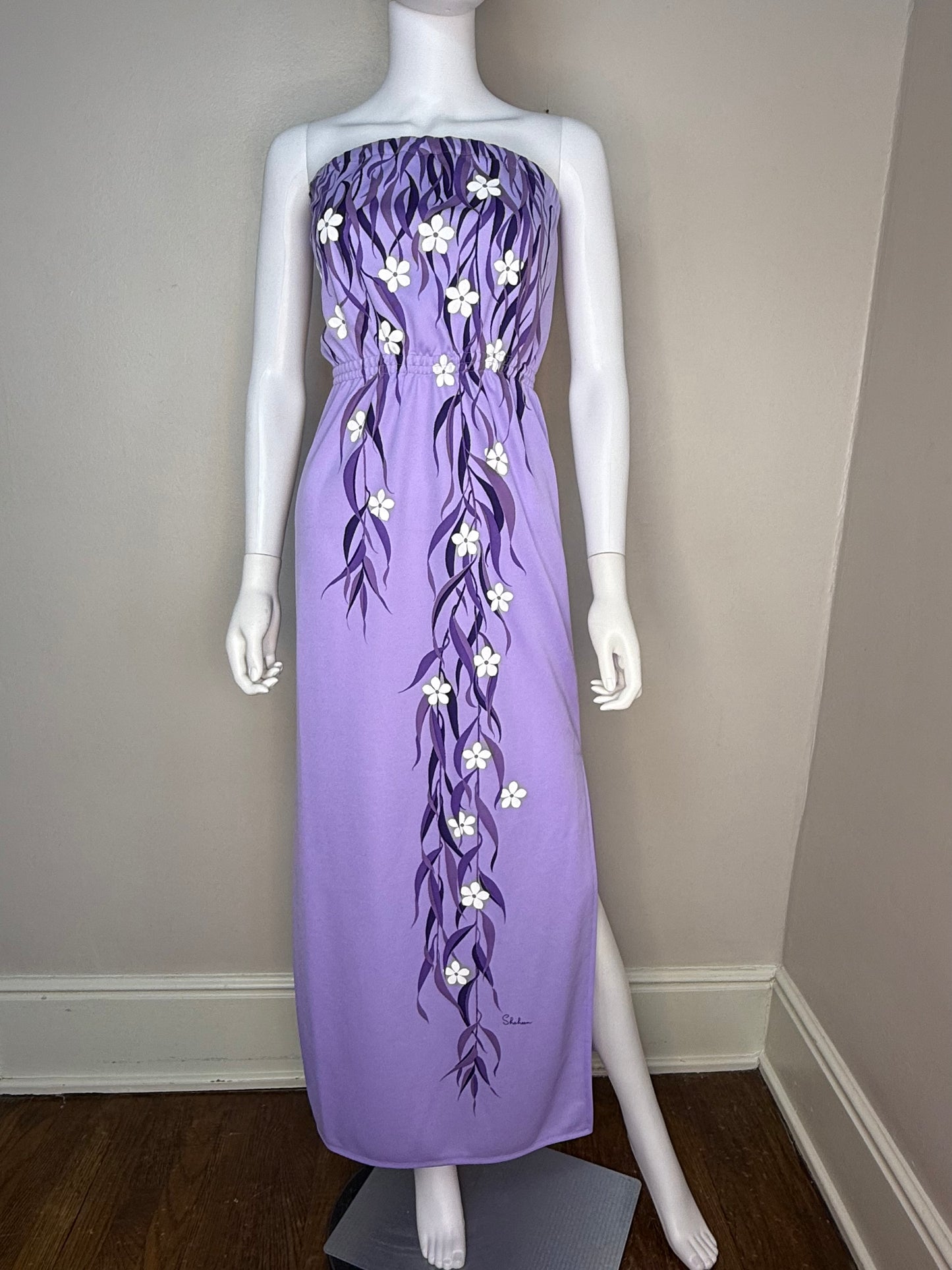 1970s Purple Strapless Maxi Dress, Alfred Shaheen Hawaii Size XS, Hawaiian Sundress