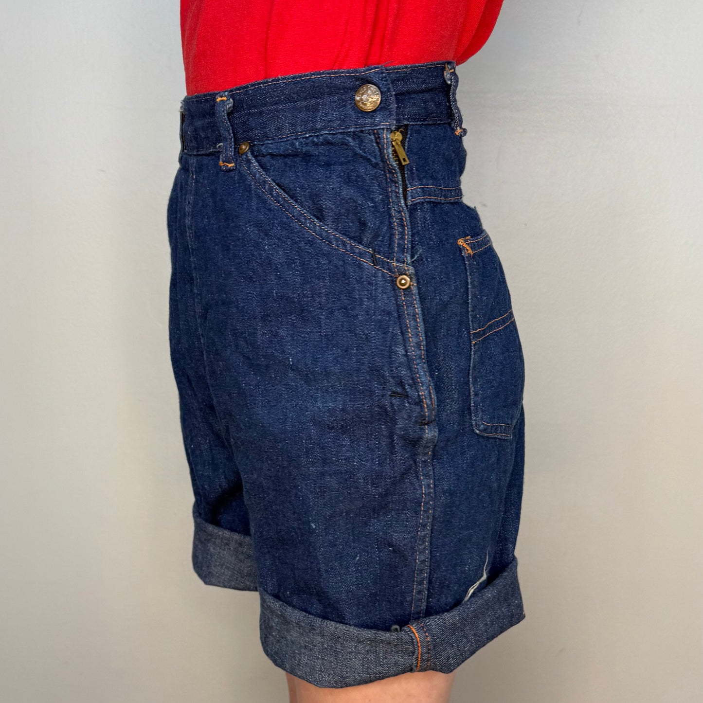 1950s Side Zip Blue Jean Cut Off Shorts, Over the Top Dungarees, Kids 9/10, Adult XXS