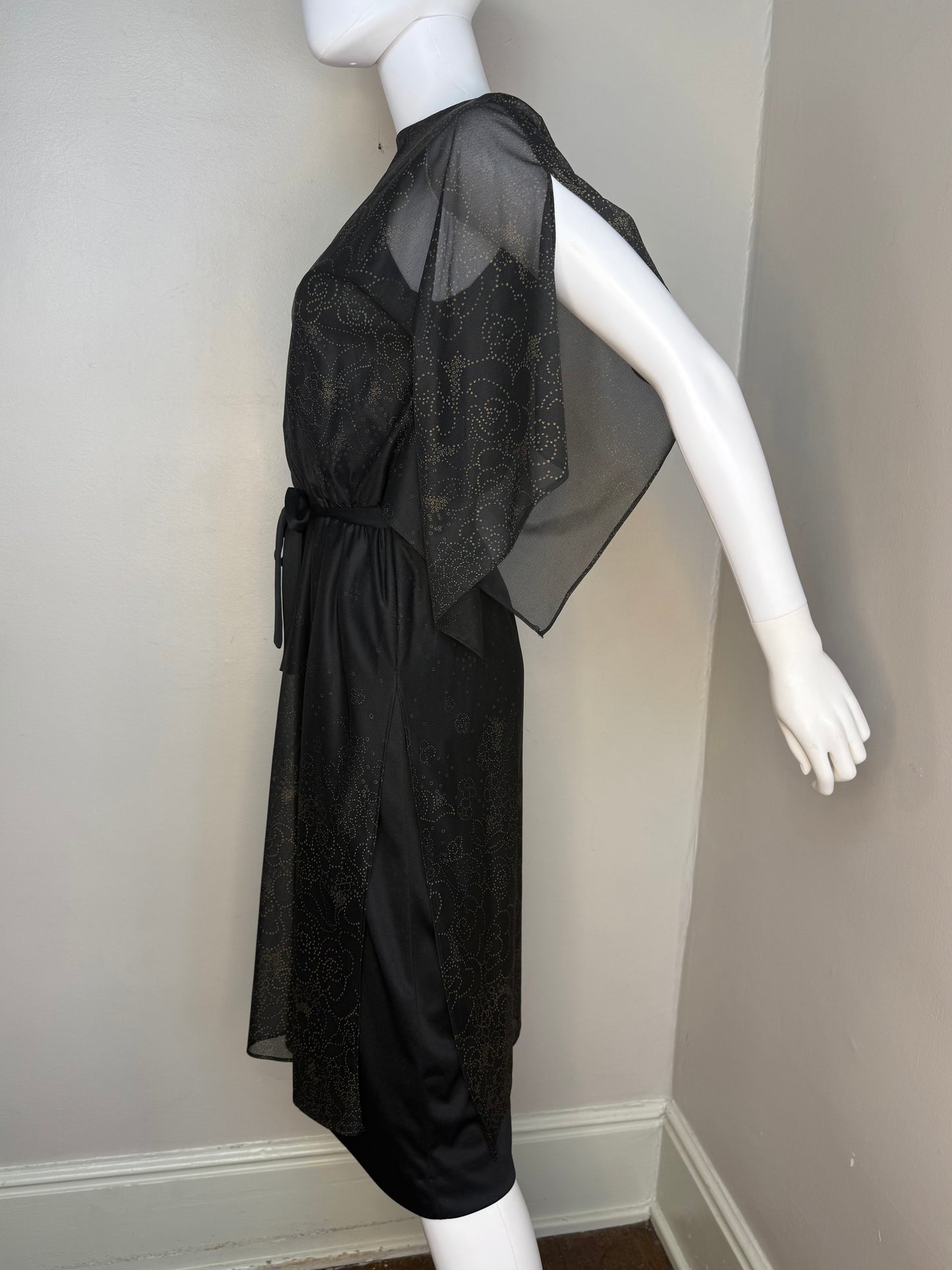 1970s/80s Sheer Black Floral Dress, Lady Carol of New York Size Small
