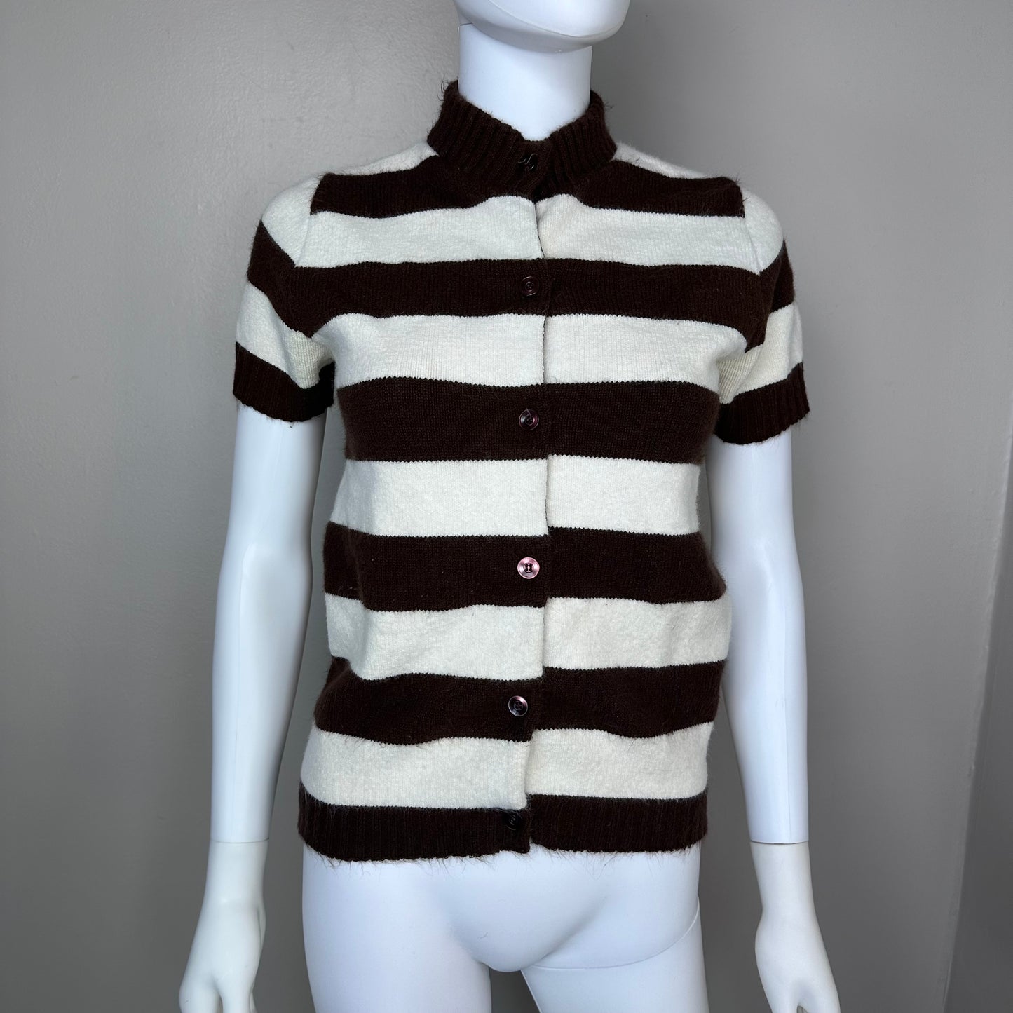 1970s/80s Brown and White Stripe Short Sleeve Cardigan Sweater, Alberoy Size Small
