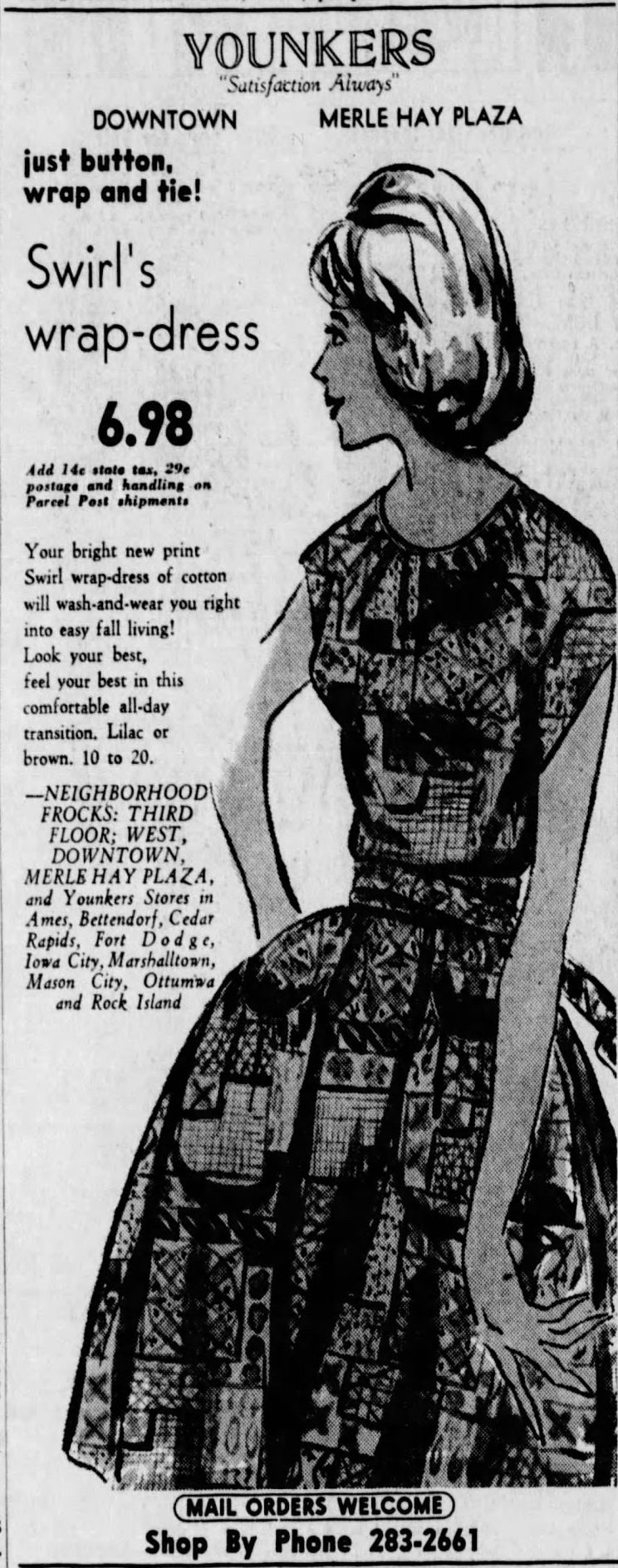 1950s/60s Swirl Wrap Dress, Size M/L, Geometric Patchwork Print