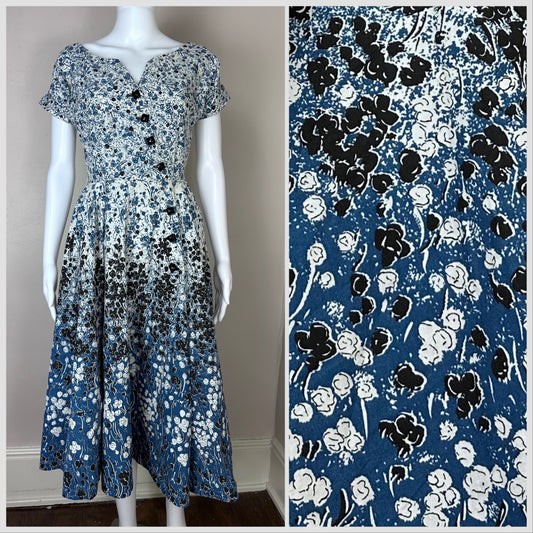 1950s Blue Floral Border Print Dress, Sized to Height Originated by Murray White, Size XXS/XS Circle Skirt