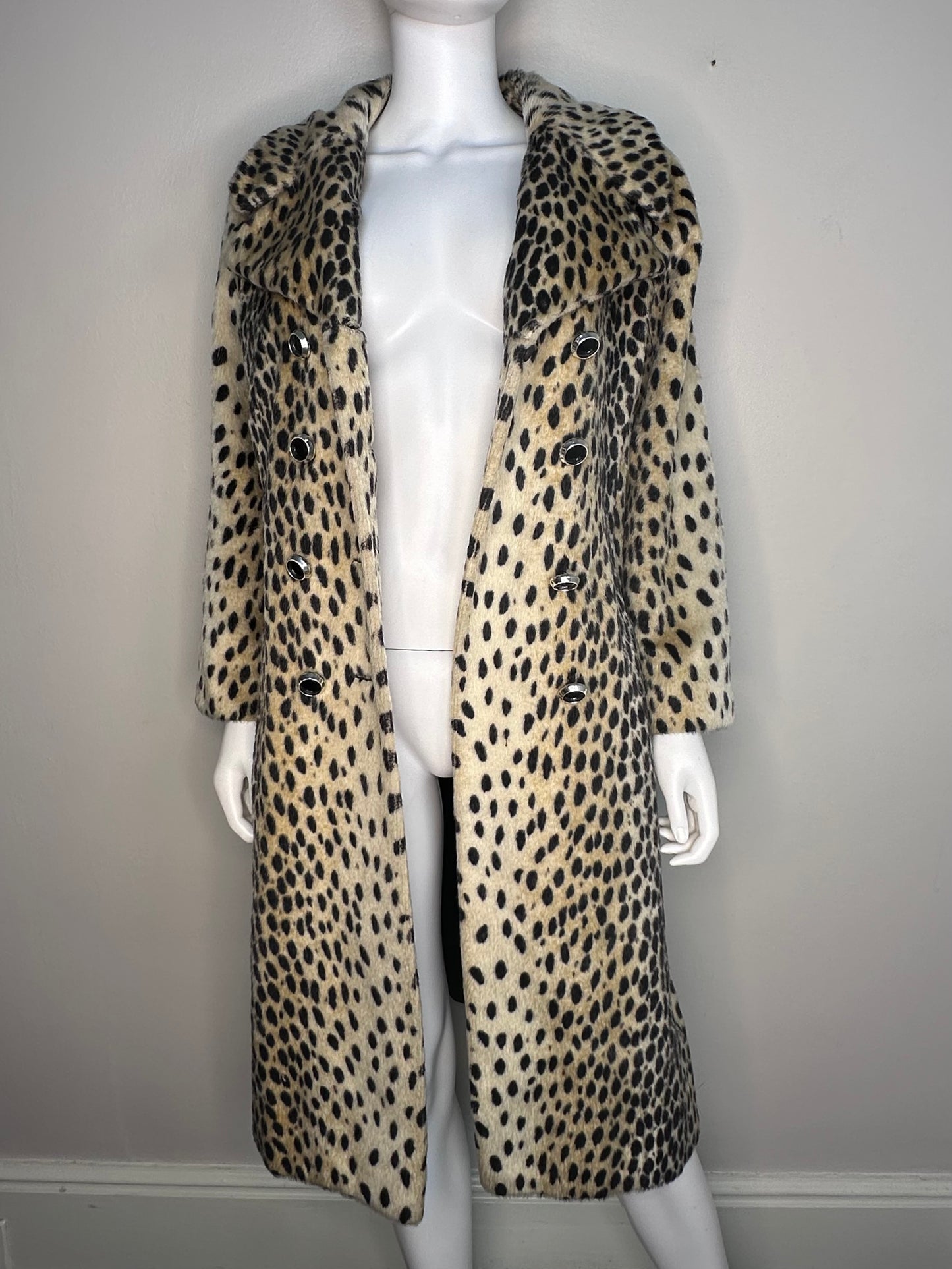 1960s Animal Print Faux Fur Long Coat, Size Medium, Cheetah, Leopard