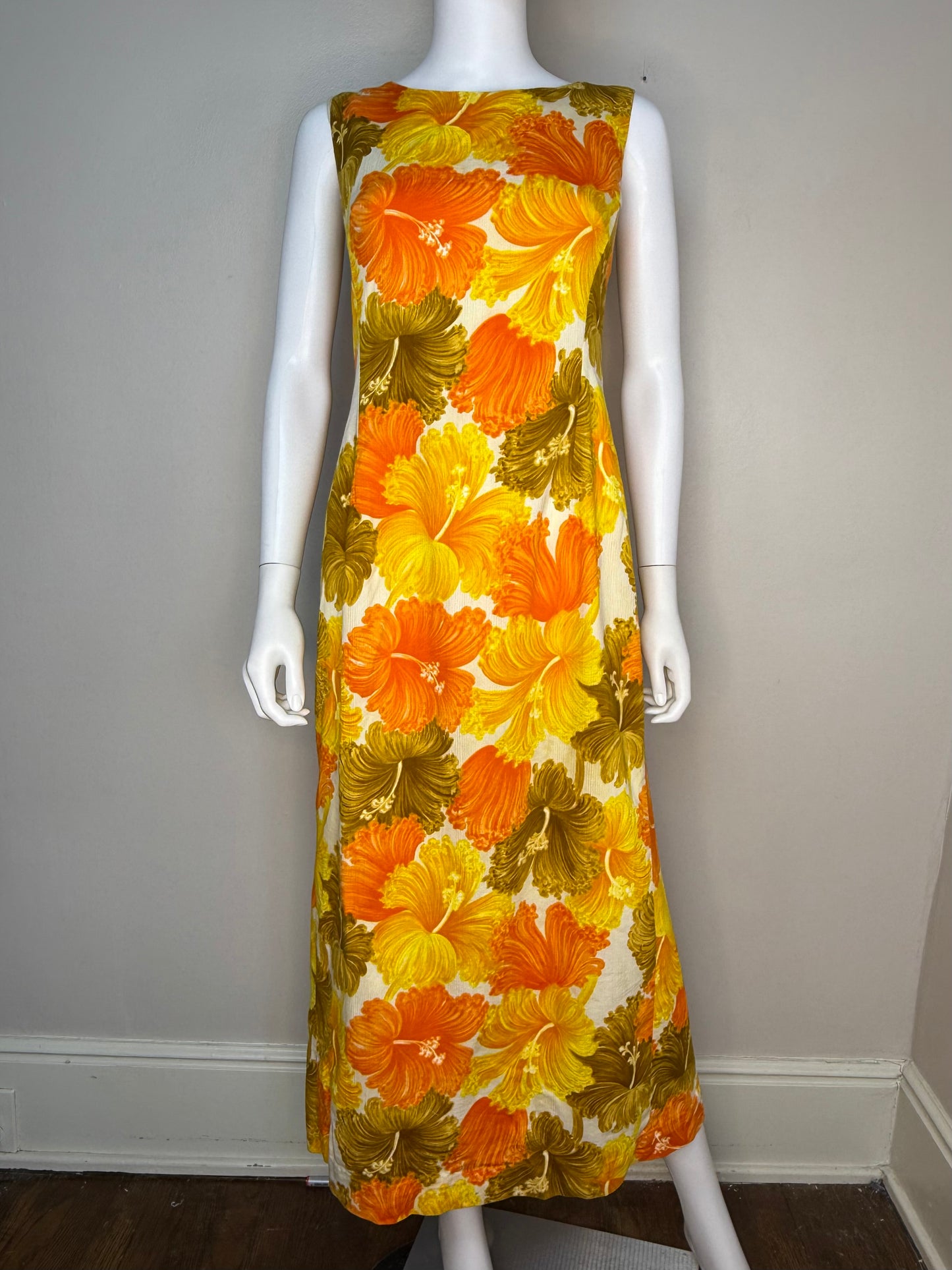 1960s Orange and Yellow Hawaiian Floral Maxi Dress, Back Pleats, An Original Hawaiian Togs Size Medium, Cotton Barkcloth