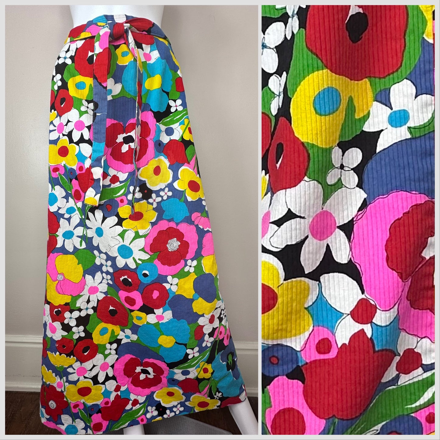 1960s Bright Floral Print Maxi Skirt, Madison Size Small