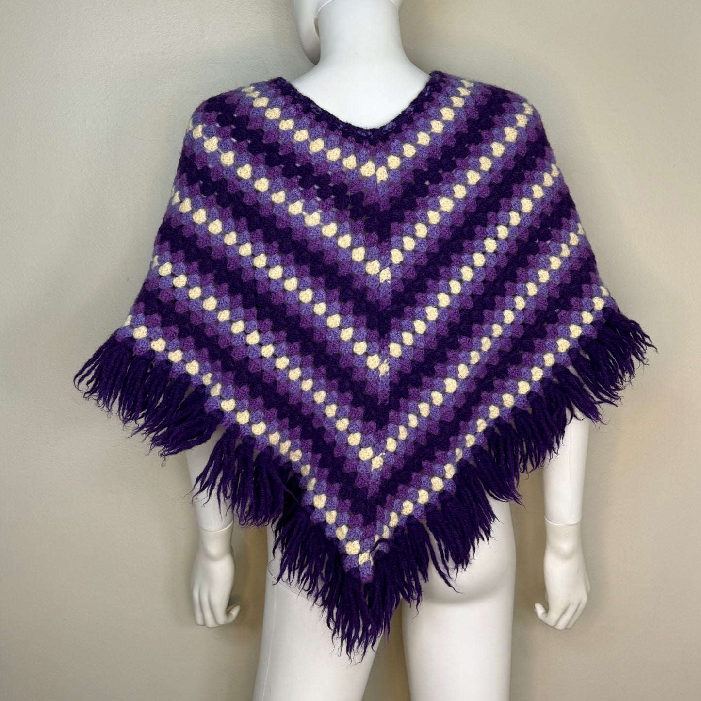 1970s Purple Stripe Crochet Poncho with Fringe, Handmade