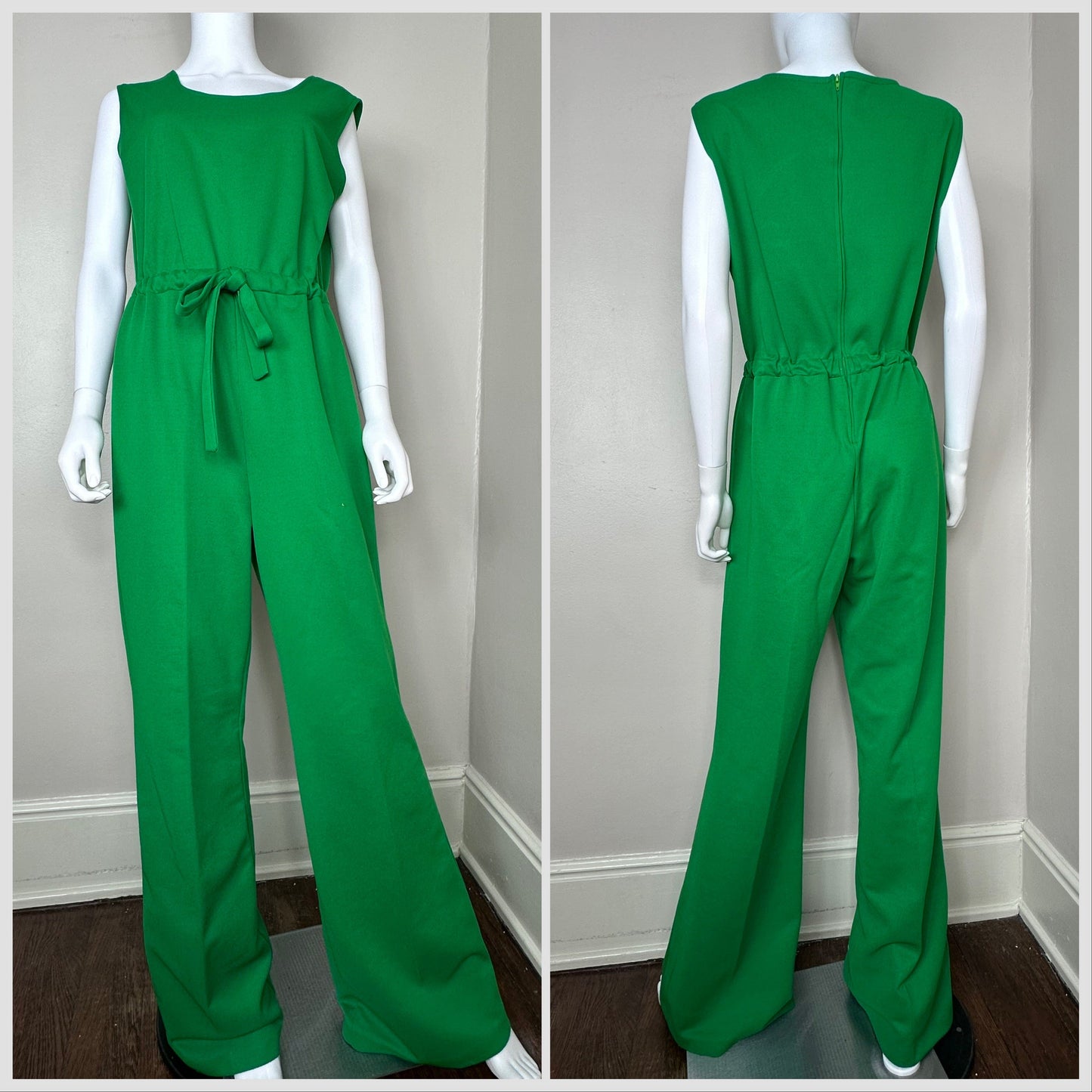 1970s Green Sleeveless Jumpsuit, Size XL, Wide Flare Leg