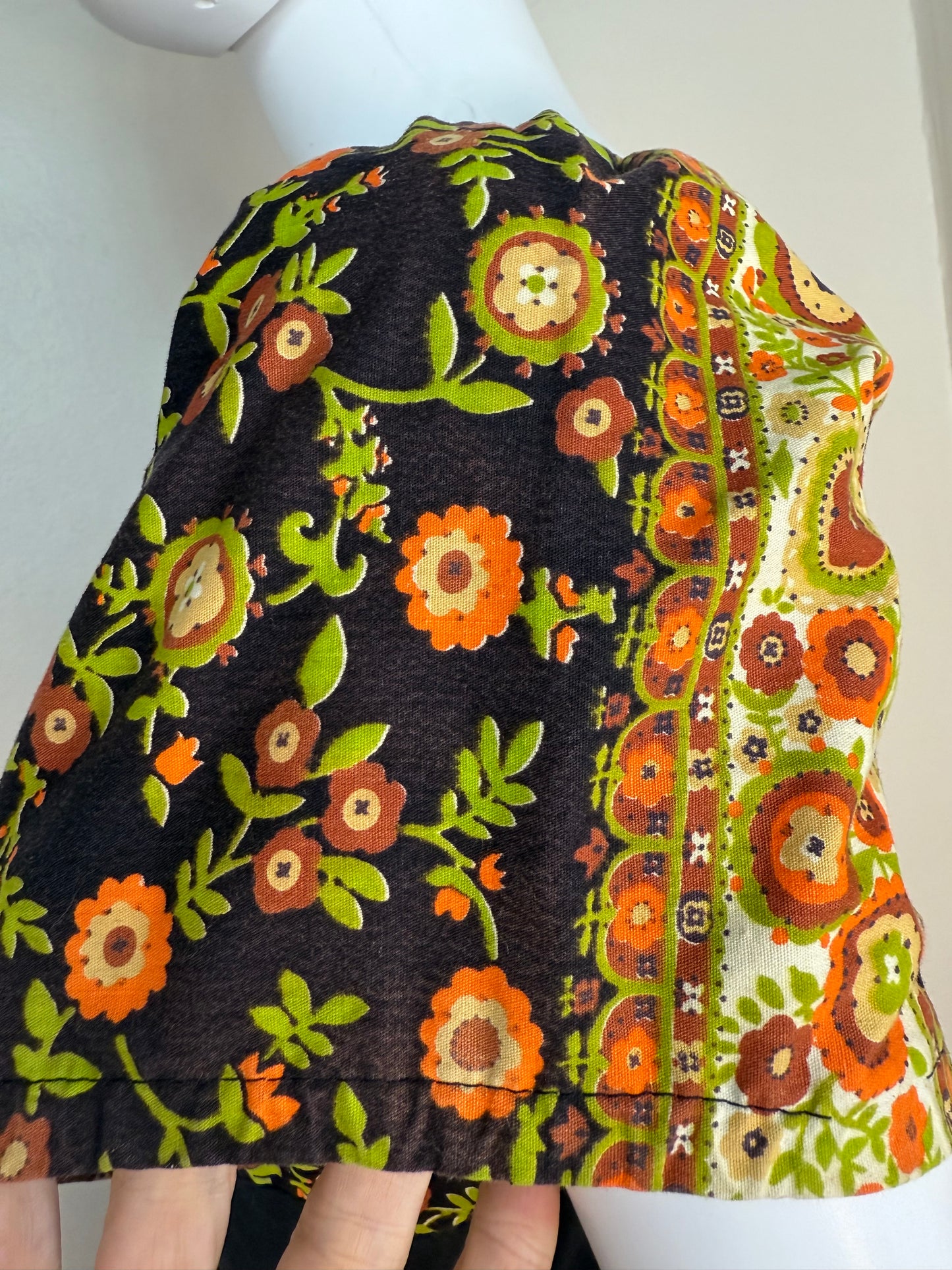 1960s Black and Orange Floral Peasant Dress with Corset Waist, Carol Brent Size Small-Medium, Montgomery Ward