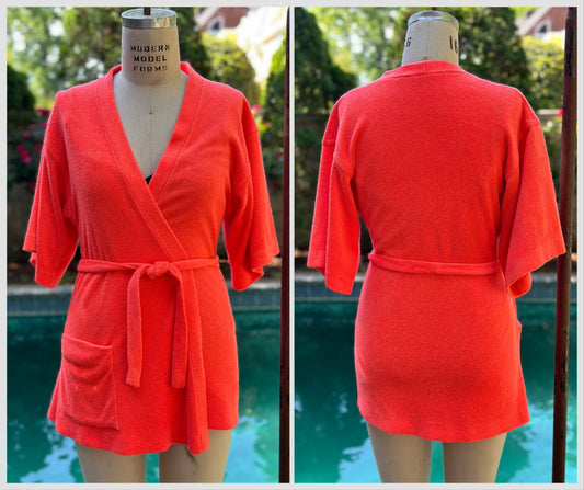 1970s Bright Orange Terry Cloth Beach Robe, Catalina Size XS, Bathing Suit Swim Cover Up