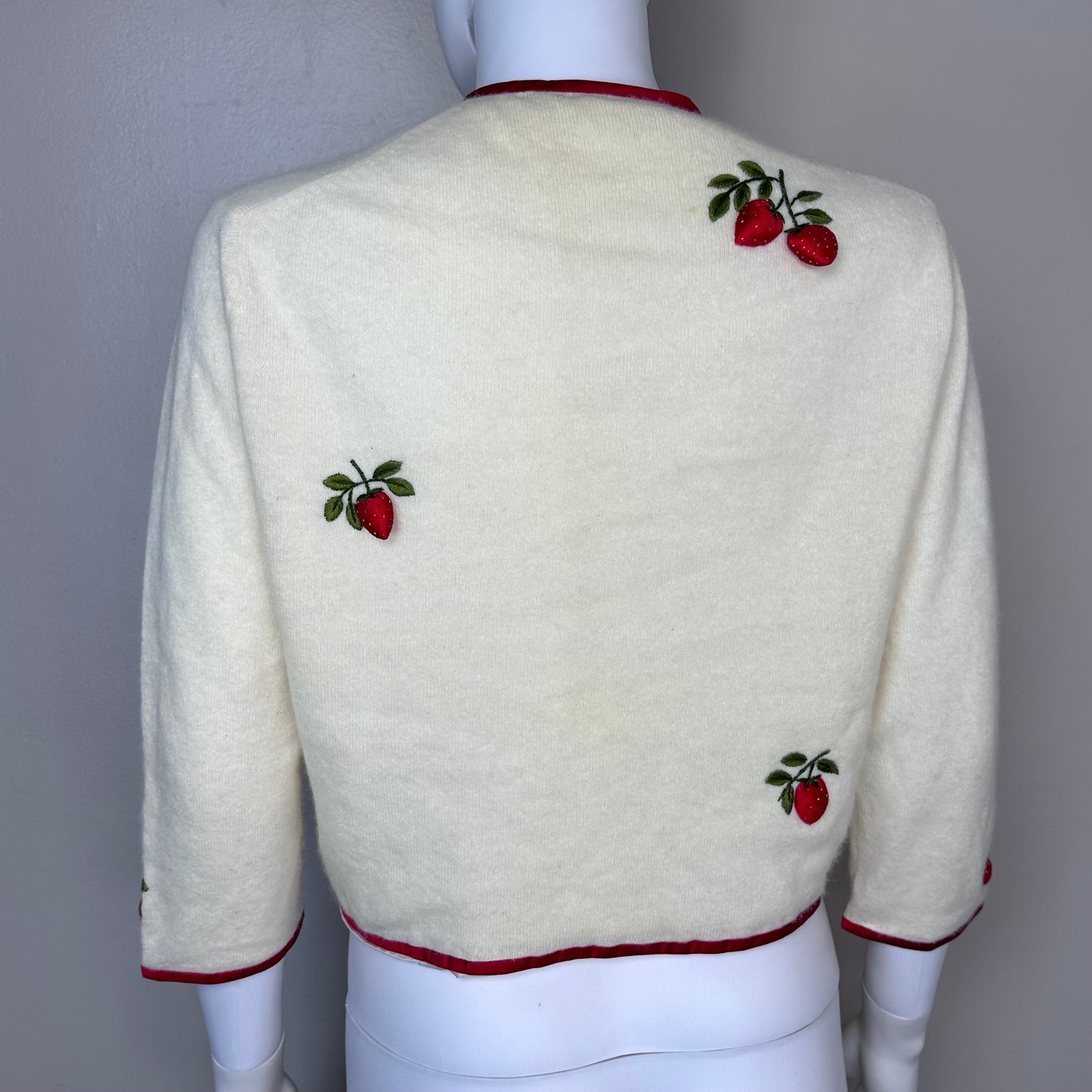 1960s Cardigan Sweater with 3D Strawberries, Doncaster Size Medium