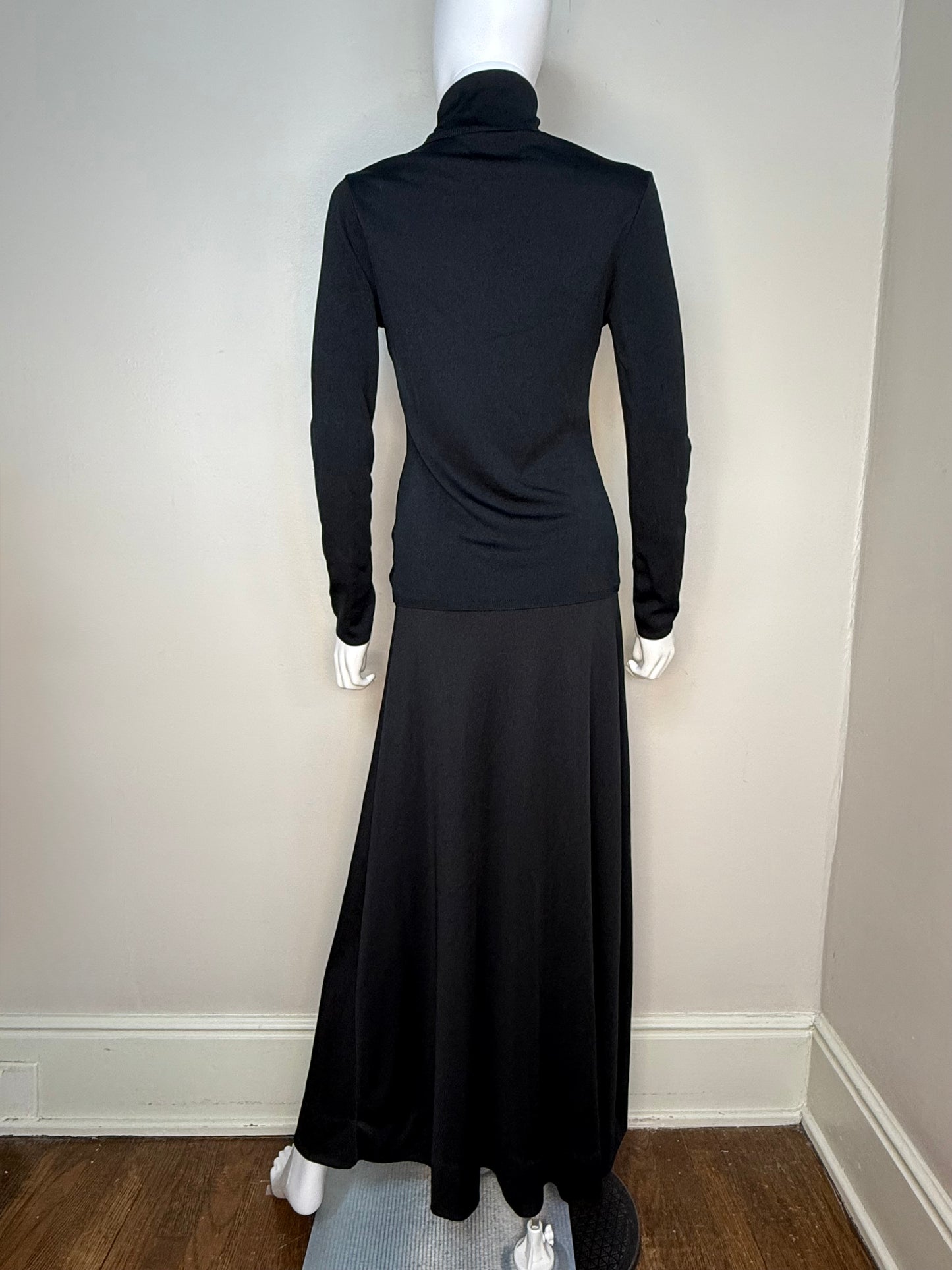 1970s Hand Painted Black Knitwear Set, Marilyn for Ninotchka Size Small, Sakowitz, Yellow Rose, Turtleneck Sweater, Maxi Skirt