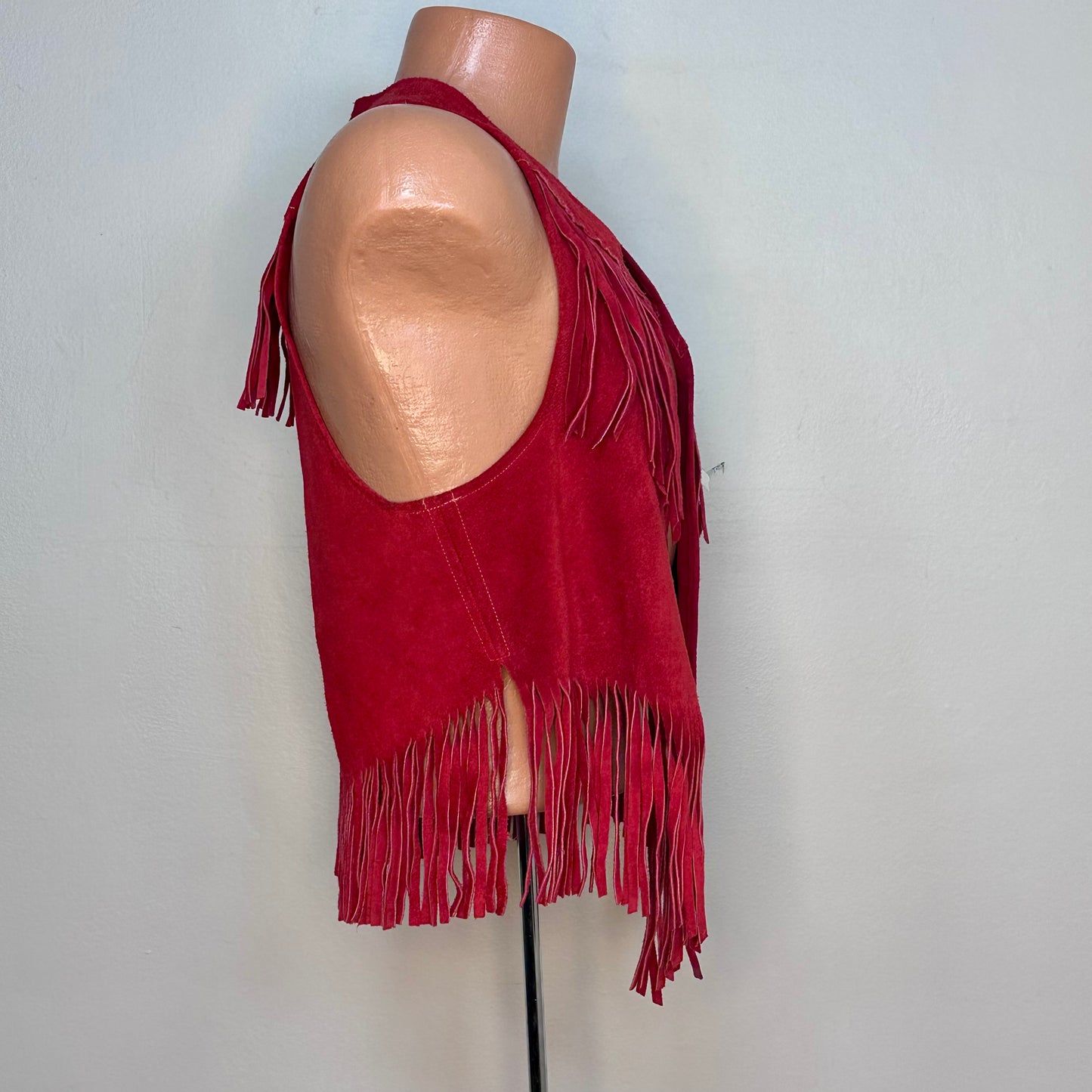 1970s Red Leather Fringe Vest, Size Small-Medium